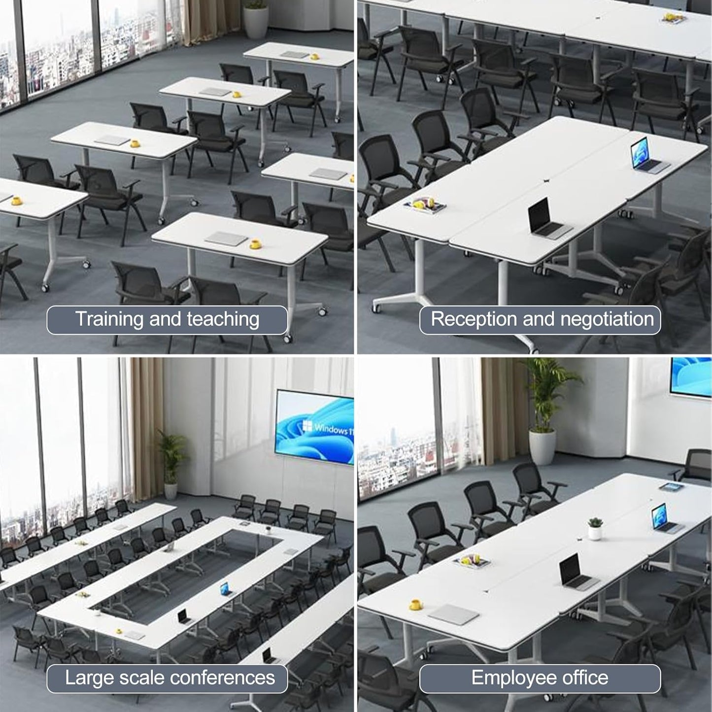 Folding Conference Room Table, Modern Mobile Training Table with Wheels, White Foldable Seminar Meeting Tables for Office Corporations (2pack 63in)