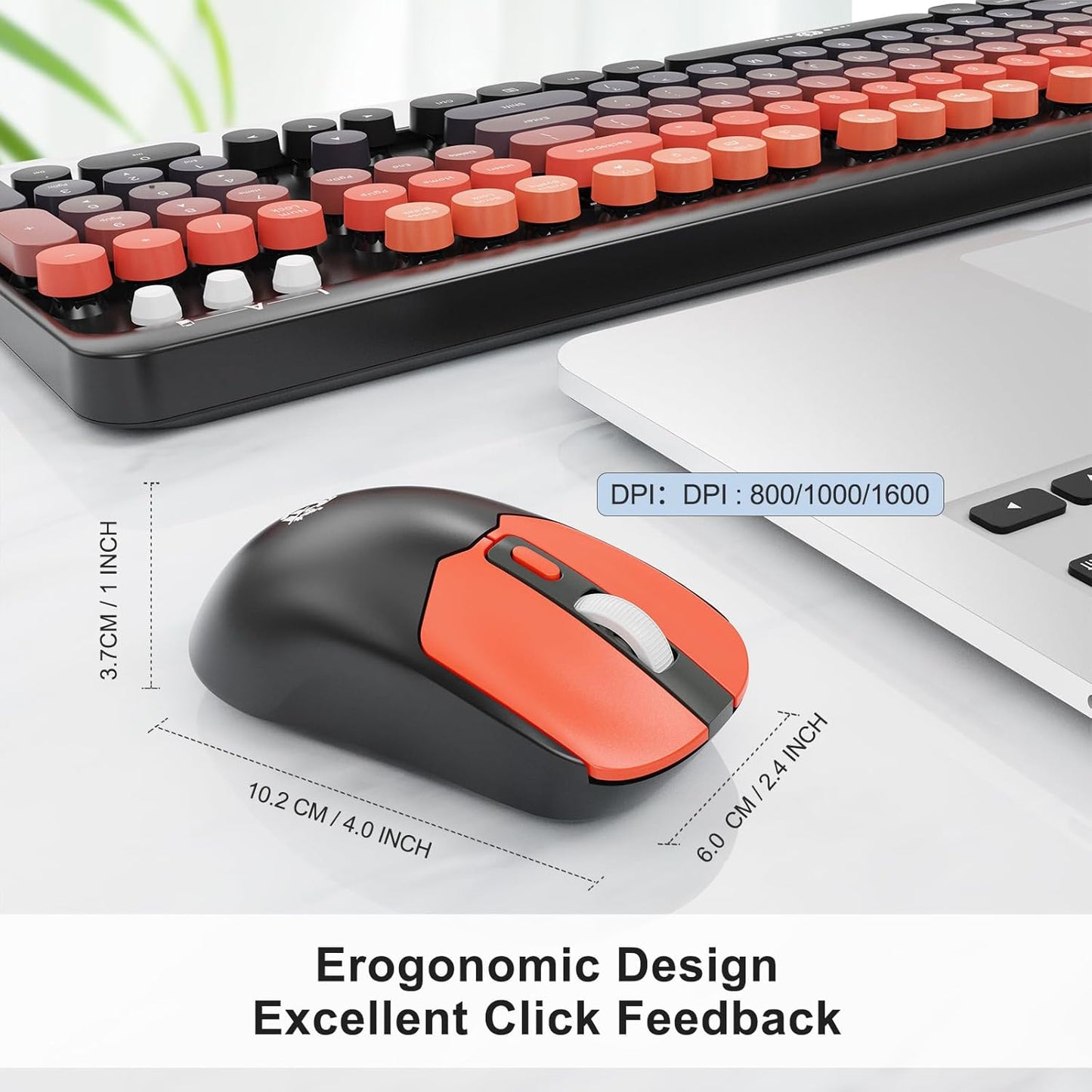 FOPETT Wireless Keyboard and Mouse Combo - 2.4G Full-Sized Cute Colorful Mouse and Keyboard with 104 Round Keys Retro Typewriter Keyboard for Laptop/Windows/PC - Orange Gradient