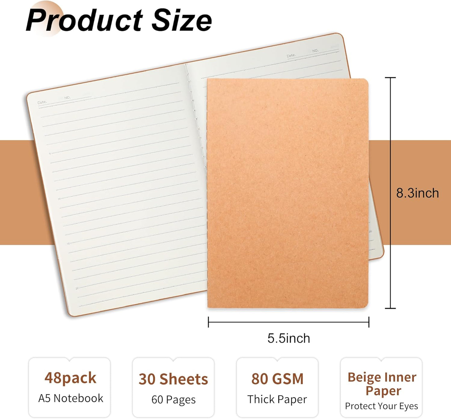 miikoul 48 Pack A5 Kraft Paper Notebook Lined Journal Bulk, 8.3 X 5.5 Inch, 60 Pages/30 Sheets, 80gsm, Travel Notebook Notepad for Adult, Students, Gift, Office, Back to School Supplies