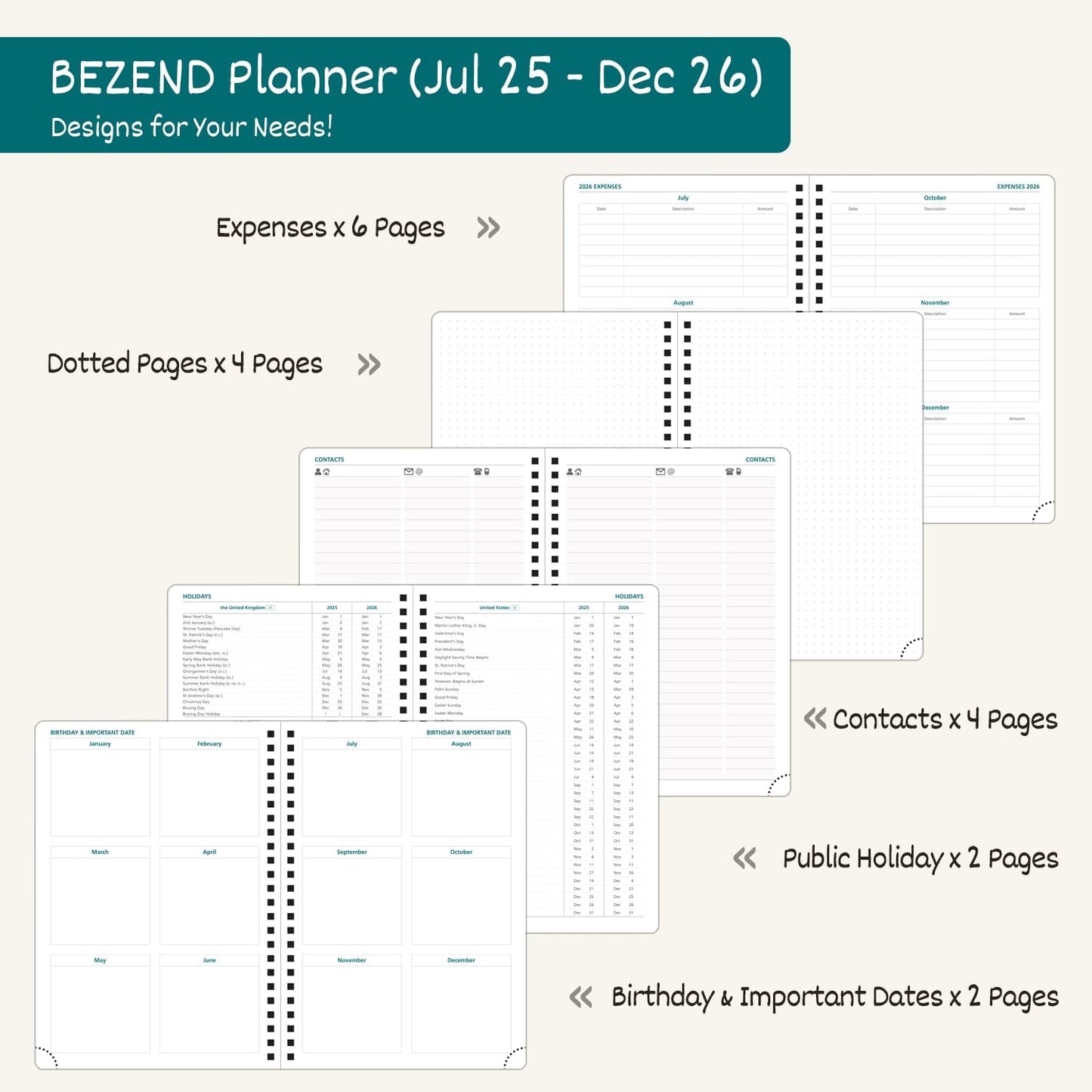 BEZEND Weekly Planner 2025-2026 with 2 Columns, 8.5" x 11" Academic Calendar 18 Months (Jul 25-Dec 26) Life Work Appointment Book with Monthly Tab, PU Leather Softcover Spiral - Dutch Blue