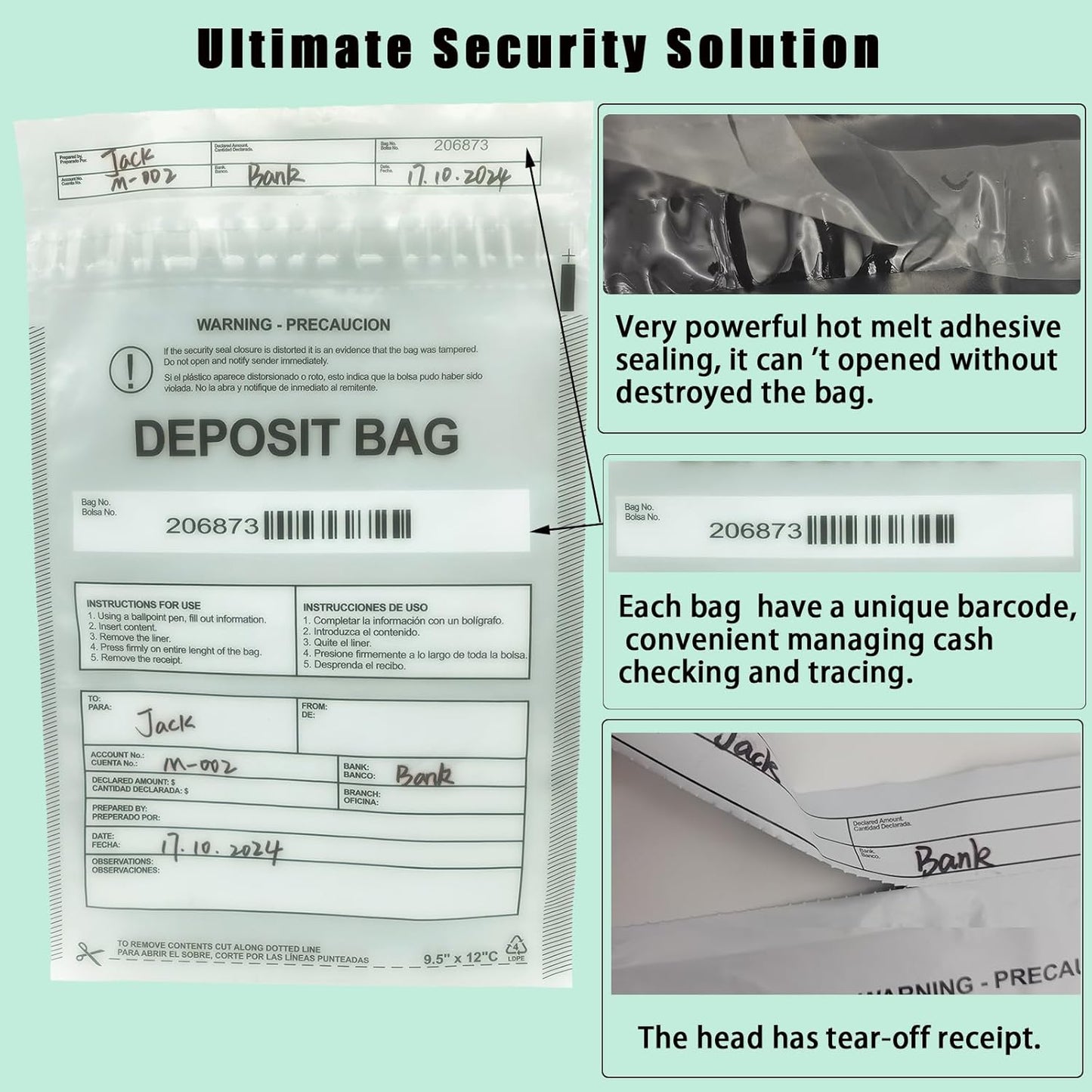 Plastic Deposit Bags 30-Pack 9.5''x 15'', Clear Security Bank Deposits,Cash register,Money bag for Cash,Bank Pocket,Tamper-Evident,Unique Barcode