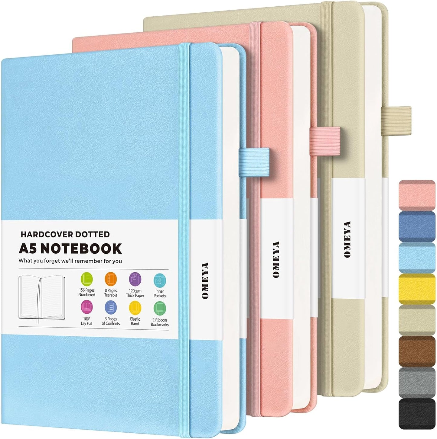 Dotted Journal Notebook 3 Pack, A5 Hardcover Notebook with 120gsm Thick Dotted Paper, Leather Journals for Women, Men, Dot Grid Notebook Journal for Writing, Notebooks for Work, School, 5.75" × 8.38"