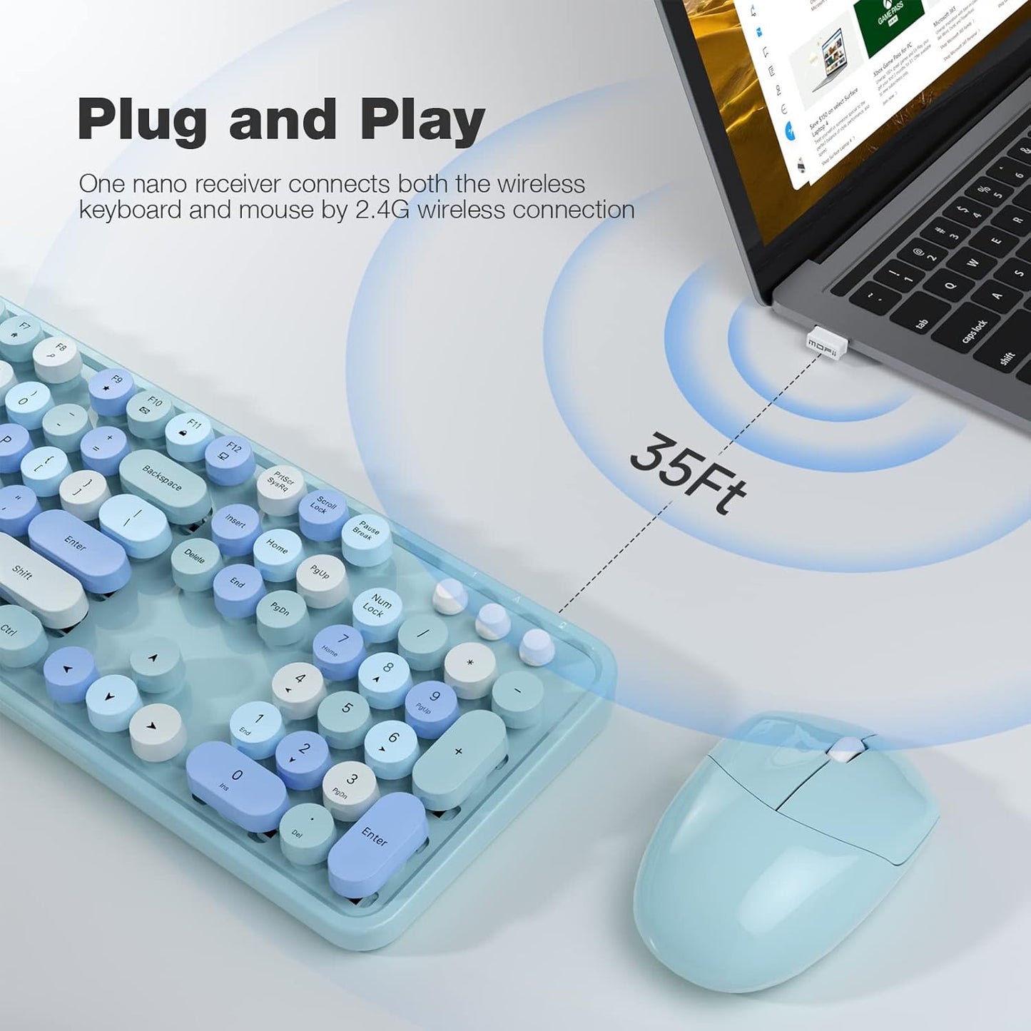 MOFII Wireless Keyboard and Mouse Combo, Blue Colorful Round Key Typewriter Keyboards, 2.4GHz Full Size Keyboard Computer Mice, USB Receiver Plug and Play, for Laptop, PC, Chromebook, Smart TV