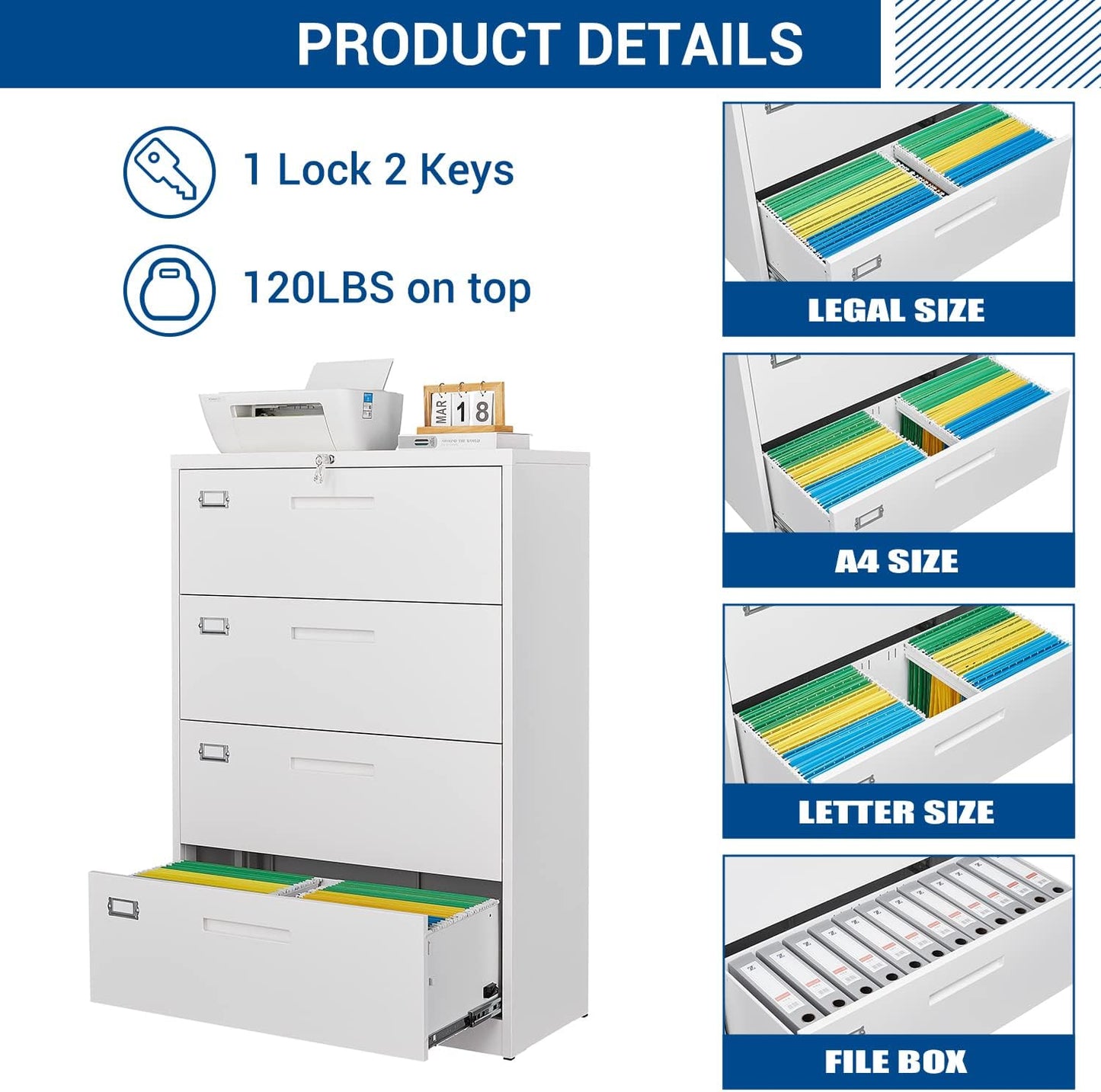 Lateral File Cabinet with Lock, 4 Drawer Large Metal Filing Cabinet,Home Office Lockable Storage Cabinet for Hanging Files Letter/Legal/F4/A4 Size-Assembly Required
