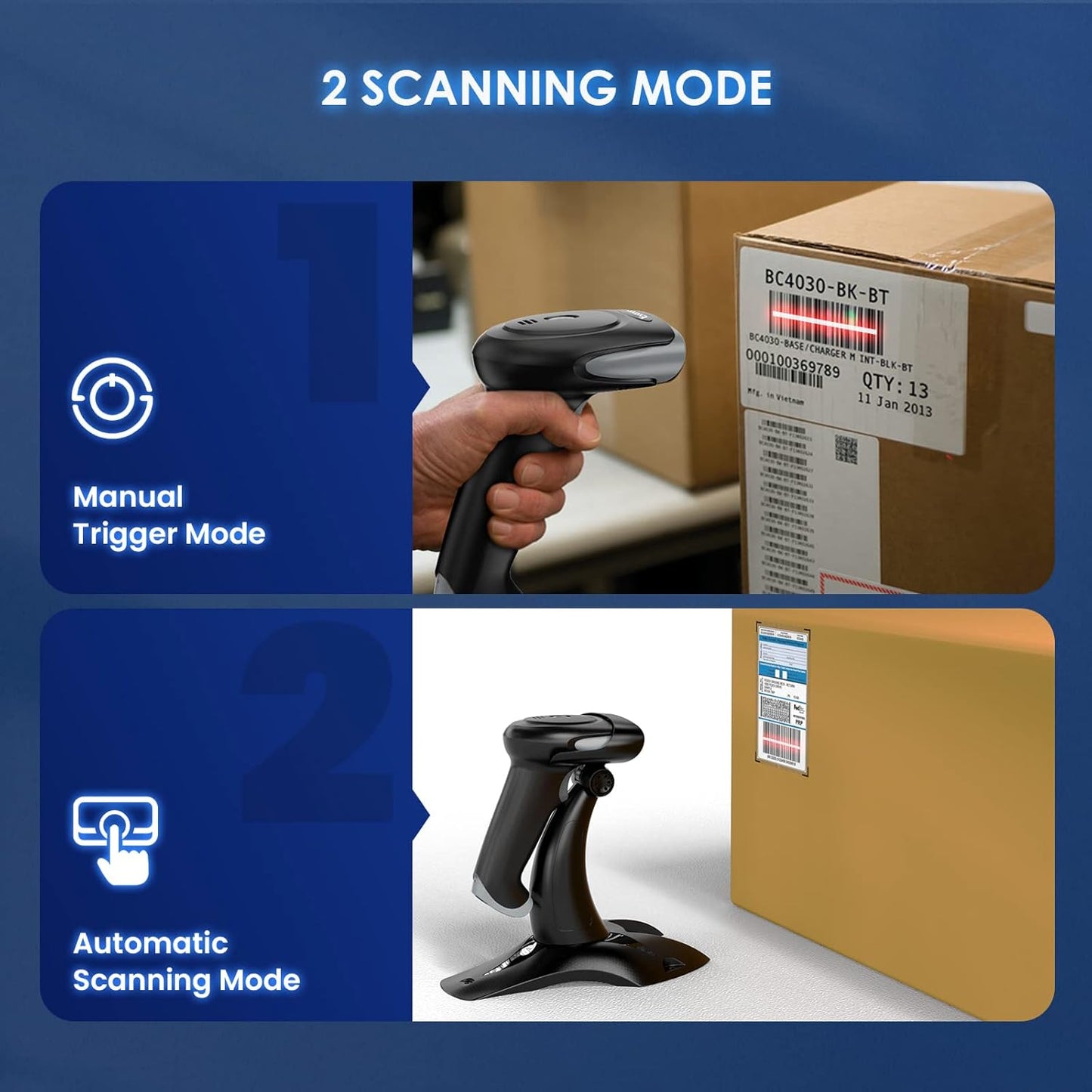 Eyoyo 2D 1D Wireless Barcode Scanner with Stand, 3-in-1 Barcode Reader 2.4G Wireless & Bluetooth & Wired USB Connection, Handheld QR Code Scanner for iPhone, Mac, Android, Store, Warehouse, Library