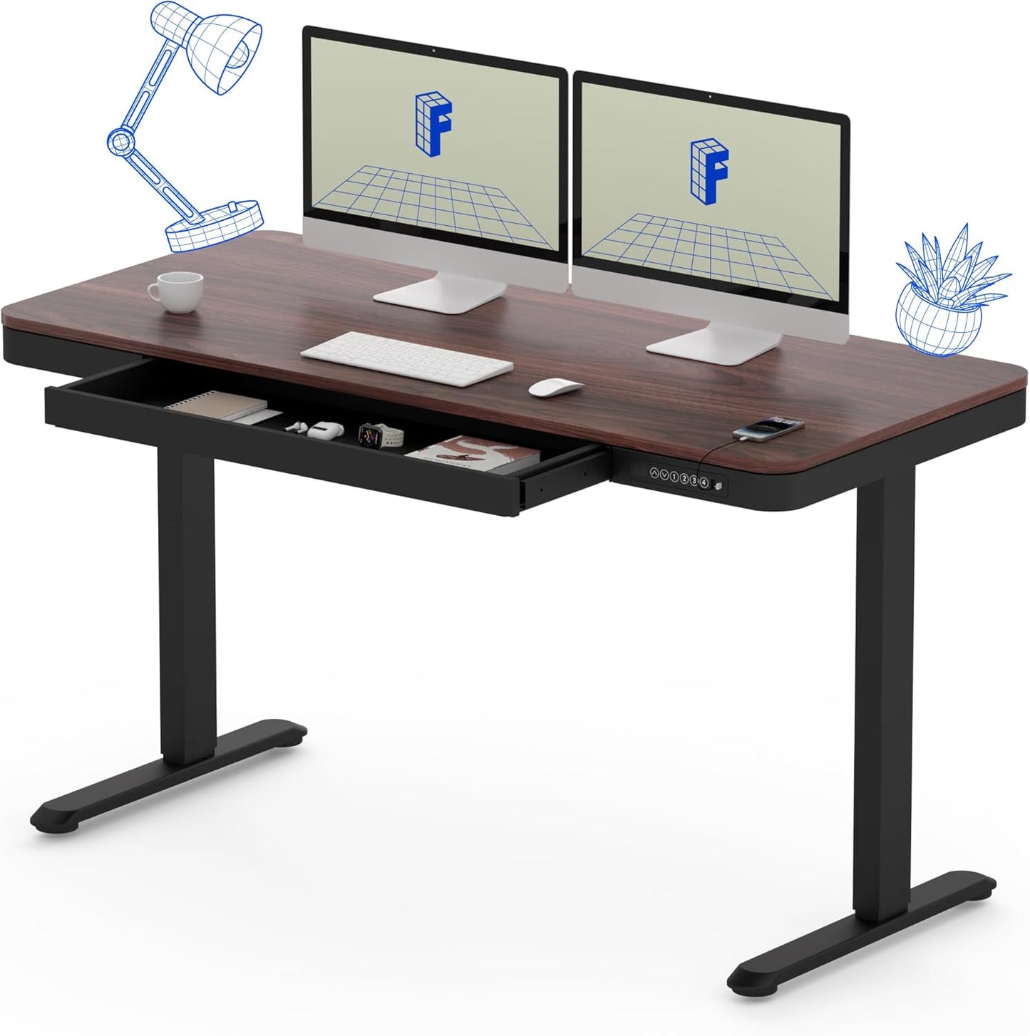 FLEXISPOT Comhar 55" Electric Standing Desk with Drawers, Quick Assembly Home Office Sit Stand Desk with Storage & USB Charging, Computer Workstation for Home Office (55" Wood, Dark Walnut/Black)