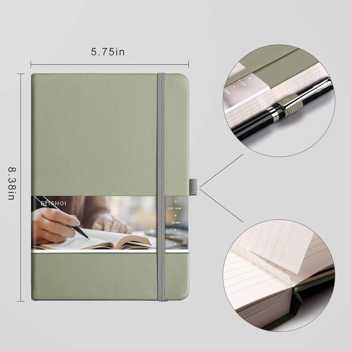 EMSHOI Lined Journal Notebook - 120gsm Thick Leather Journal with Sticky Notes, 256 Numbered Pages A5 Hardcover College Ruled Notebook for Women Men Work School Writing, Medium 5.75" x 8.38"-Green