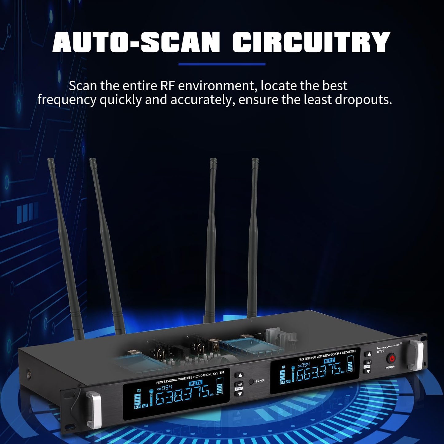 Professional UHF Wireless Microphone System, 2 Channel Metal Microphone Set of 2 Handheld Cordless Mics, Auto Scan,2*100 Frequenciens,Up to 350ft for Singing, Karaoke, Church, Wedding (UT22)