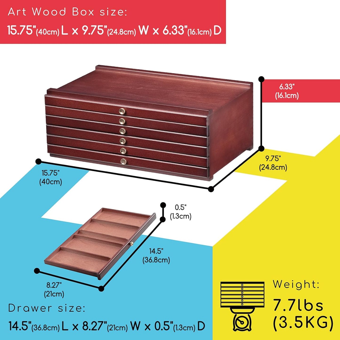 MEEDEN 6-Drawer Wood Artist Supply Storage Box, Portable Beechwood Multifunctional Pencil Brush Organizer Wood Box with Drawer&Compartments for Pastels, Pencils, Pens, Makeup Brushes(Mahogany Color)