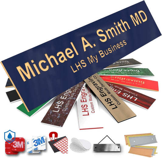 Engraved Custom Door Plate Navy Blue Plastic Office Door Sign with Gold Letters - Made in USA 2x4 B10
