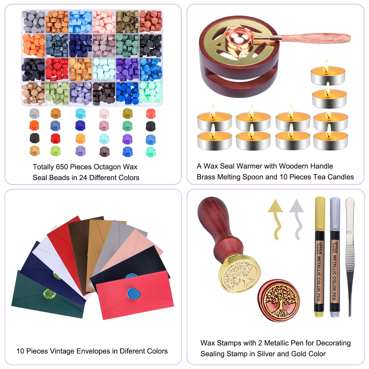 Aottom Wax Seal Stamp Kit with Gift Box, 24 Colors 650 Pcs Beads, Warmer, Envelopes, Candles, Stamp, Metallic Pen for Gift and Decoration