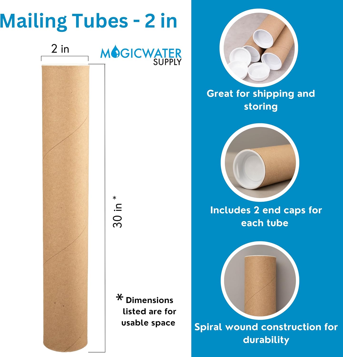 MagicWater Supply Mailing Tube - 2 in x 30 in - Kraft - 6 Pack - for Shipping and Storage of Posters, Arts, Crafts, and Documents