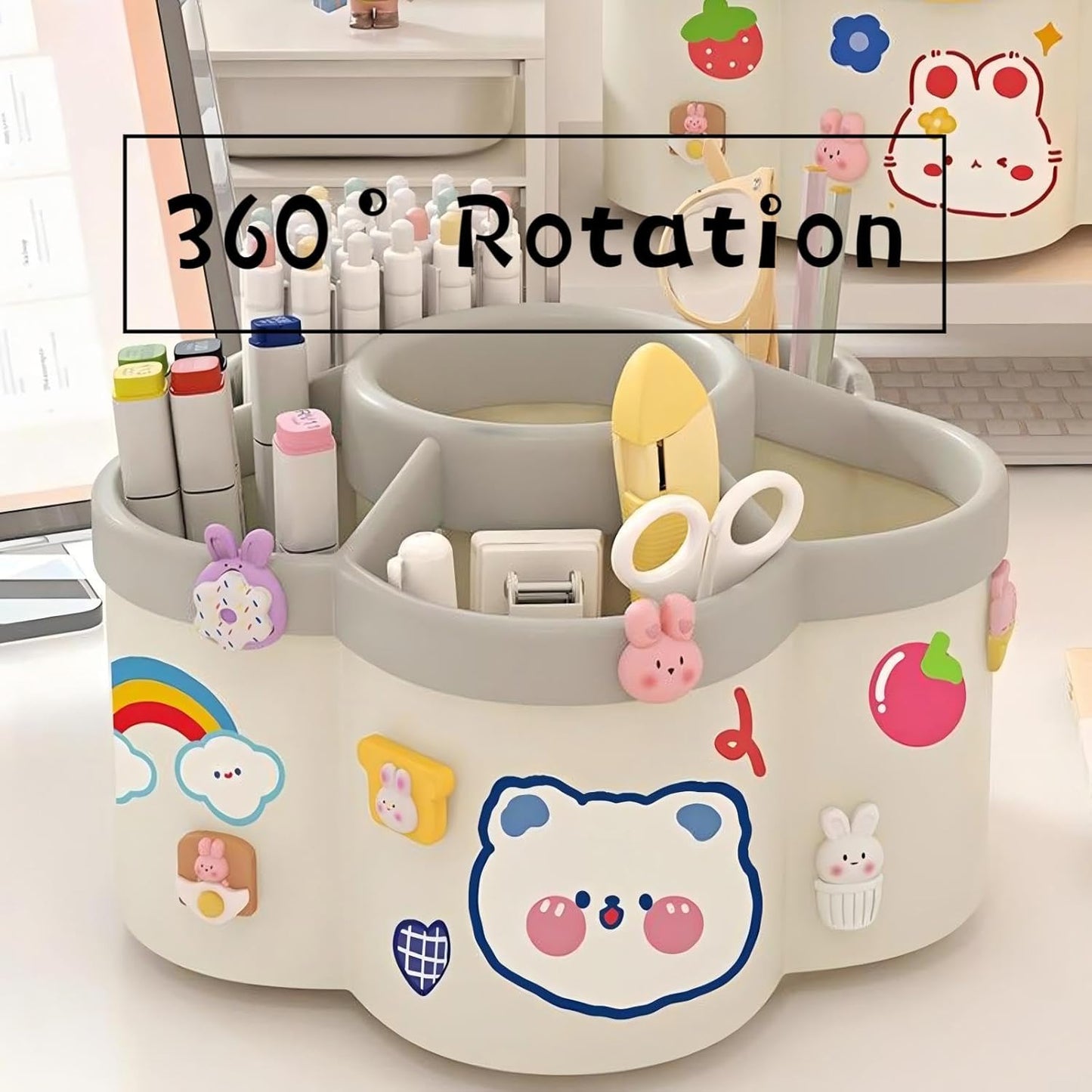 Pen Holder for Desk, 360°Rotating Pencil Pen Holder, Desk Pen Organizer with 6 Slots, Large-capacity Desk Organizer, Pencil Holder for Desk, Office, School, Home Use (Blue)