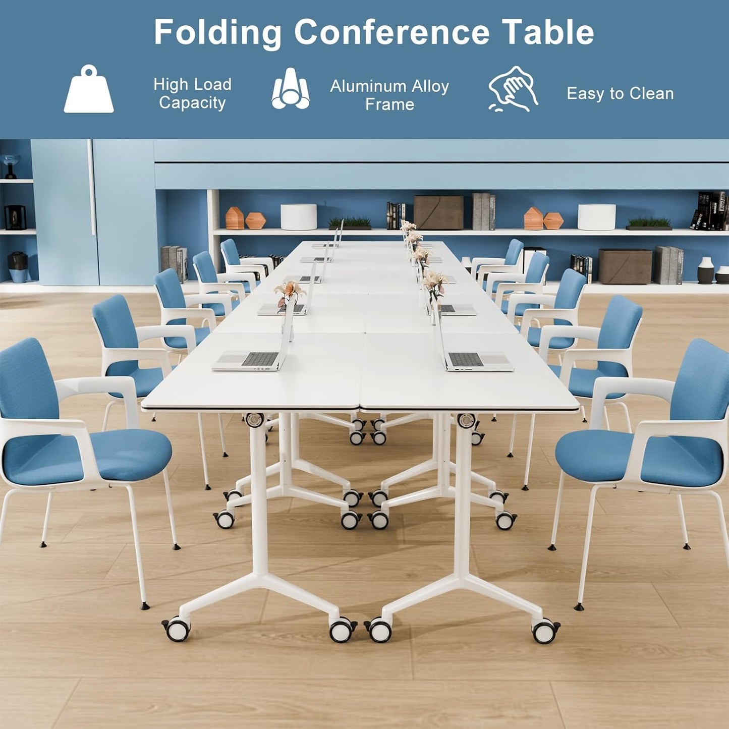10Pack Folding Conference Room Table, Modern Conference Tables with Silent Wheels, Large Rectangular Mobile Training Tables for Office Classroom, Foldable Modular Seminar Table White (L47.2in)