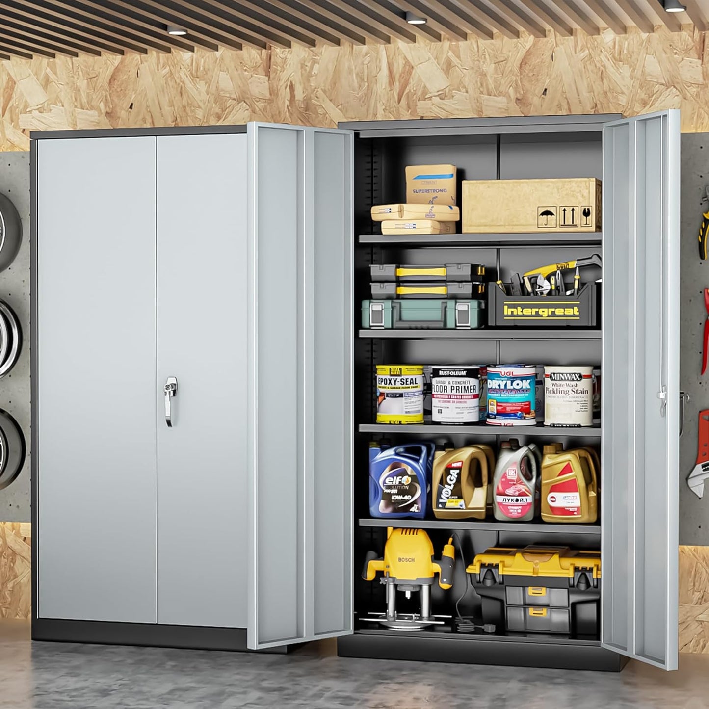 INTERGREAT Metal Storage Cabinet with Doors and Shelves,72" H Black Gray Steel Tool Locking Cabinet, Metal Storage Cabinet for Home Office, Warehouse, School