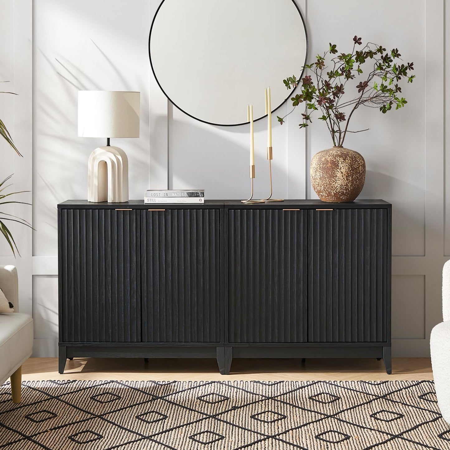 mopio Brooklyn Storage Cabinet, Modern Farmhouse Entryway Accent Case, Buffet Sideboard, Console Table, Credenza, Wood Modular Organizer with Doors & Shelf, Fluted Panel Cupboard (Black, Single)