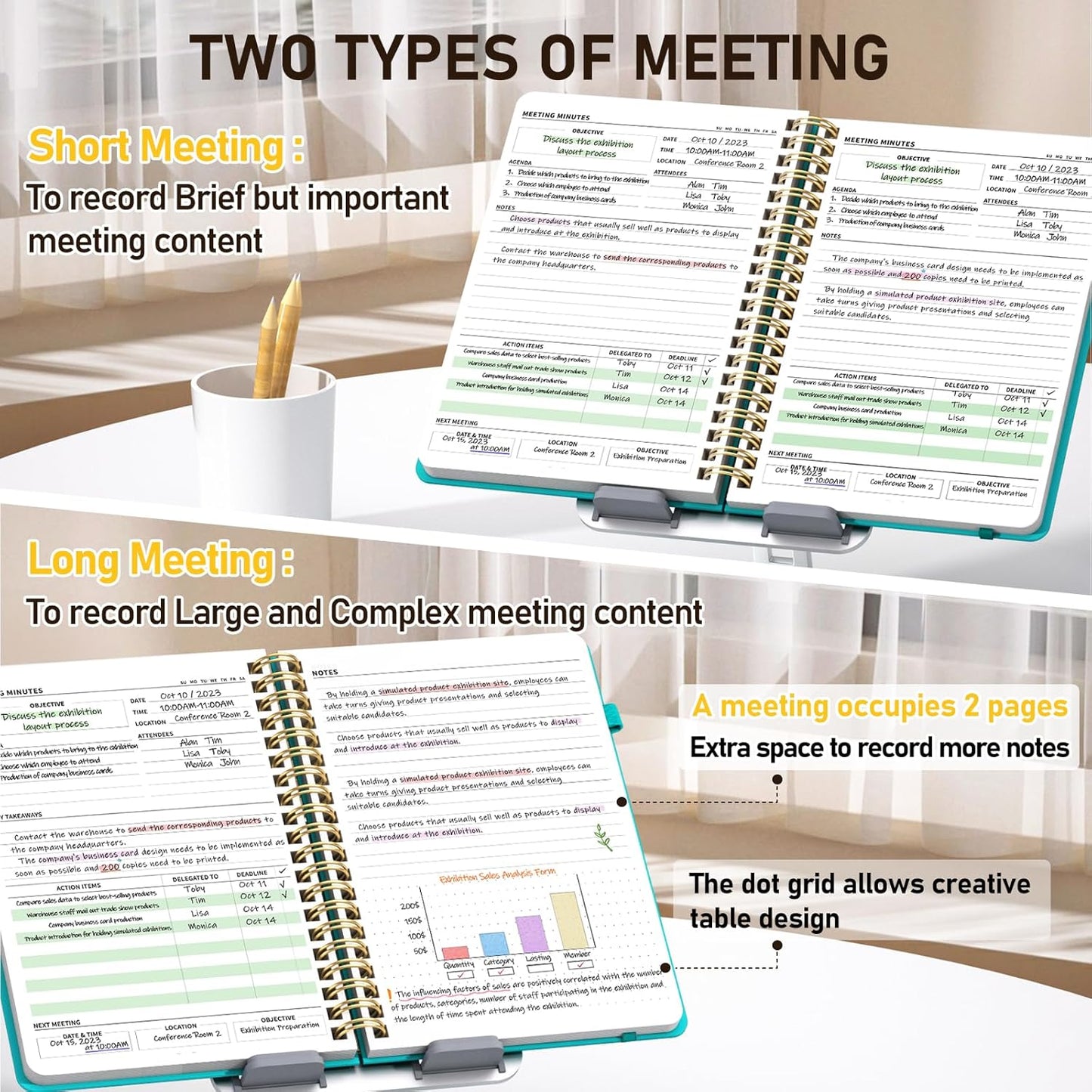 WEMATE 5 Pack Meeting Notebooks for Work（7"x10"） 200 Pages, PU Leather Notebook with Action Items & Note, For Staff & Students, Meeting, Projects Planning- Black, Blue, Green, Olive Green, Dark Blue