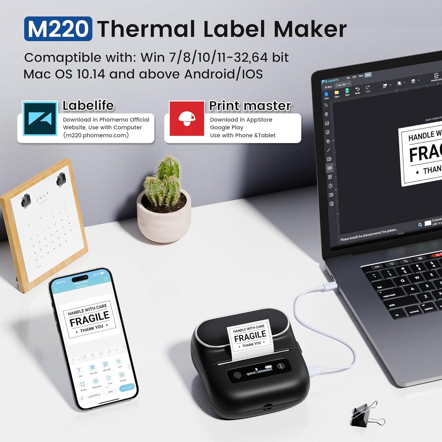 M220 Label Maker, Upgrade Sticker Maker Machine Prints 0.78-3 inch, Portable Label Printer with Tape for Small Business & Homeuse, Compatible with Phones and PC, with 40x30mm Label