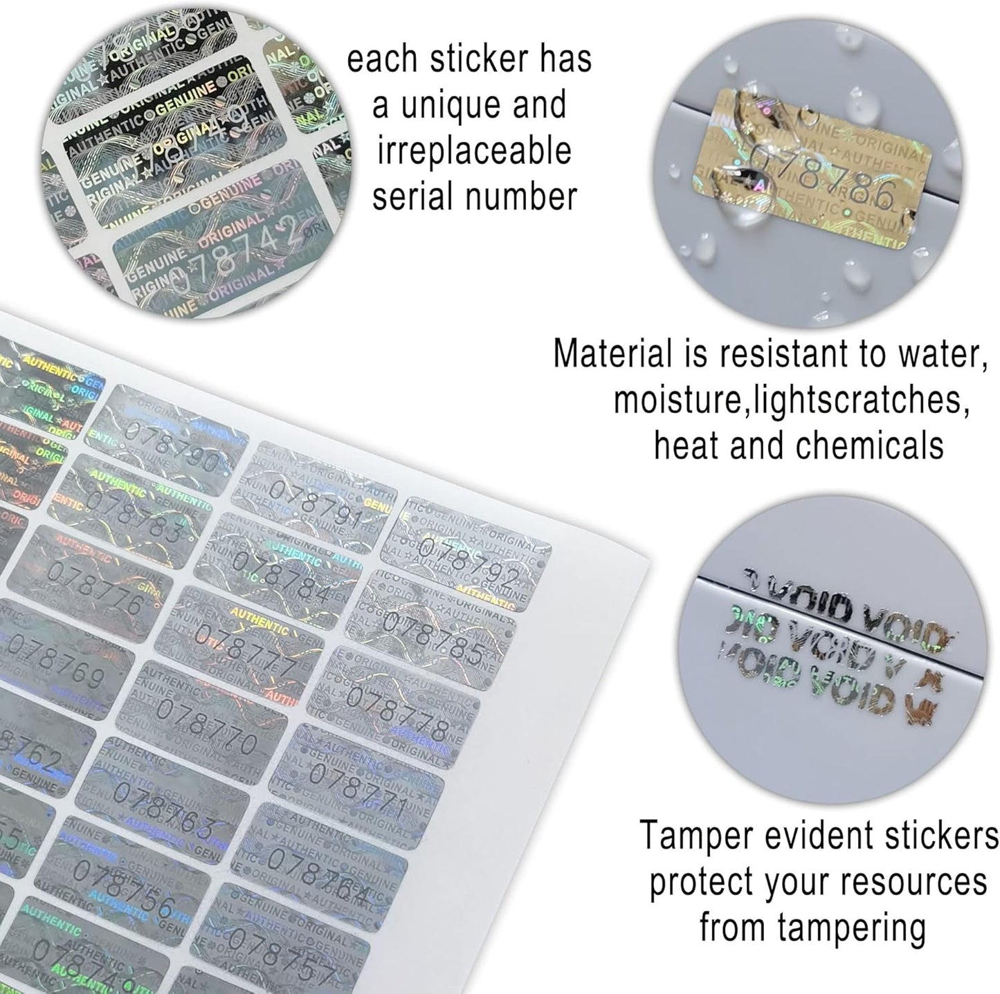 Tamper Proof Stickers Hologram Labels/Sticker High Security Tamper Evident Seal Warranty Void w/Unique Sequential Serial Numbering Original Genuine Authentic Rectangle (0.8x0.4 inch Sliver 180pcs)