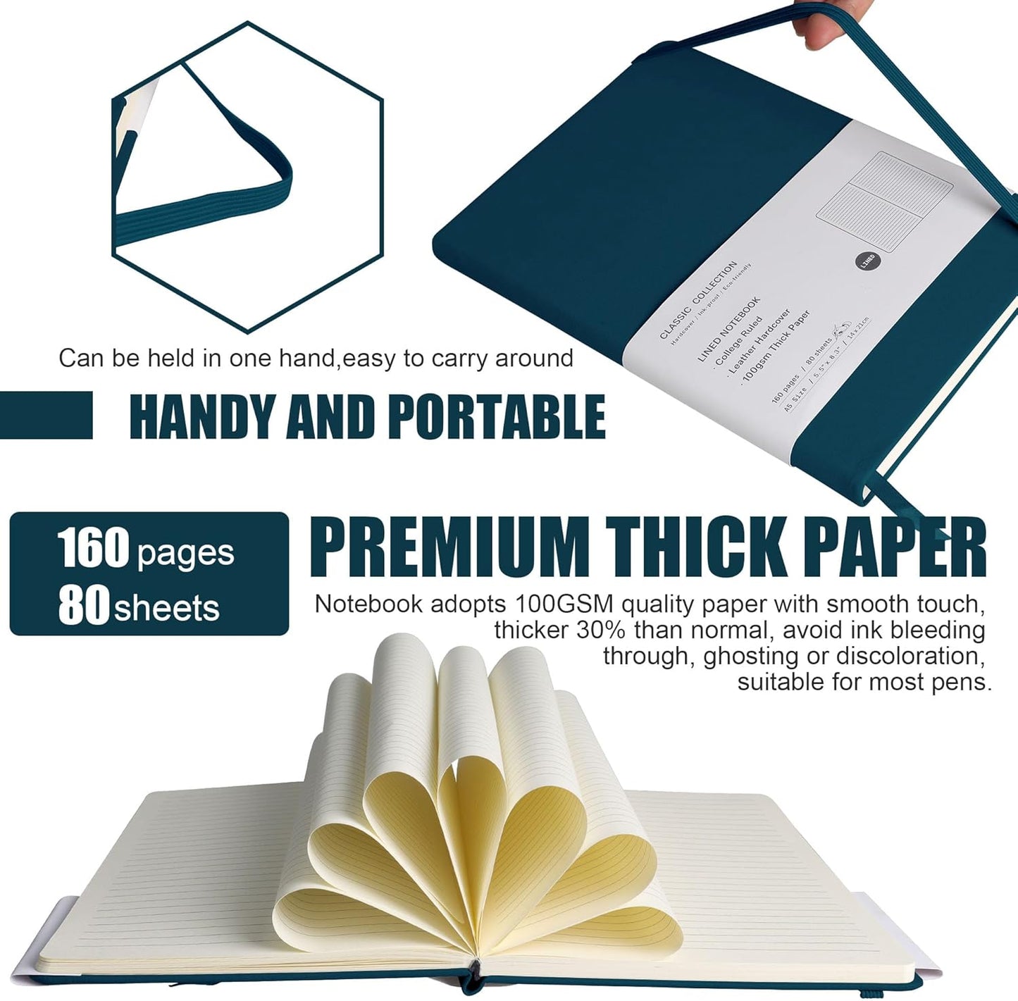 Lined Journal Notebook, 10Pack(Turquoise), 160 Pages, Medium 5.7 inches x 8 inches - 100 gsm Thick Paper, Hardcover