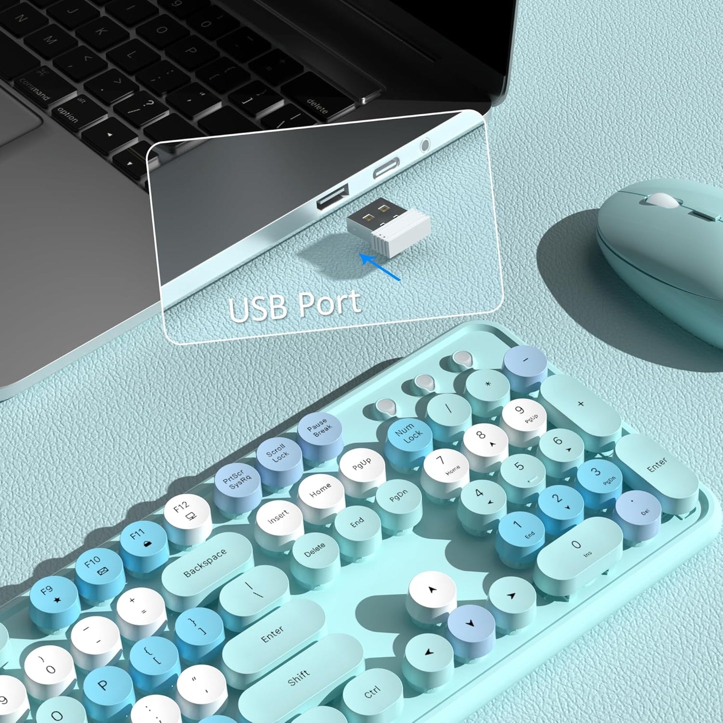 Colorful Wireless Keyboard and Mouse Combo, COVEVA 2.4GHz Wireless Retro Cute Round Keycaps Keyboard, 104 Keys Full-Sized Keyboard Mouse Set with Switch Button for PC Laptop Desktop (Blue Colorful)