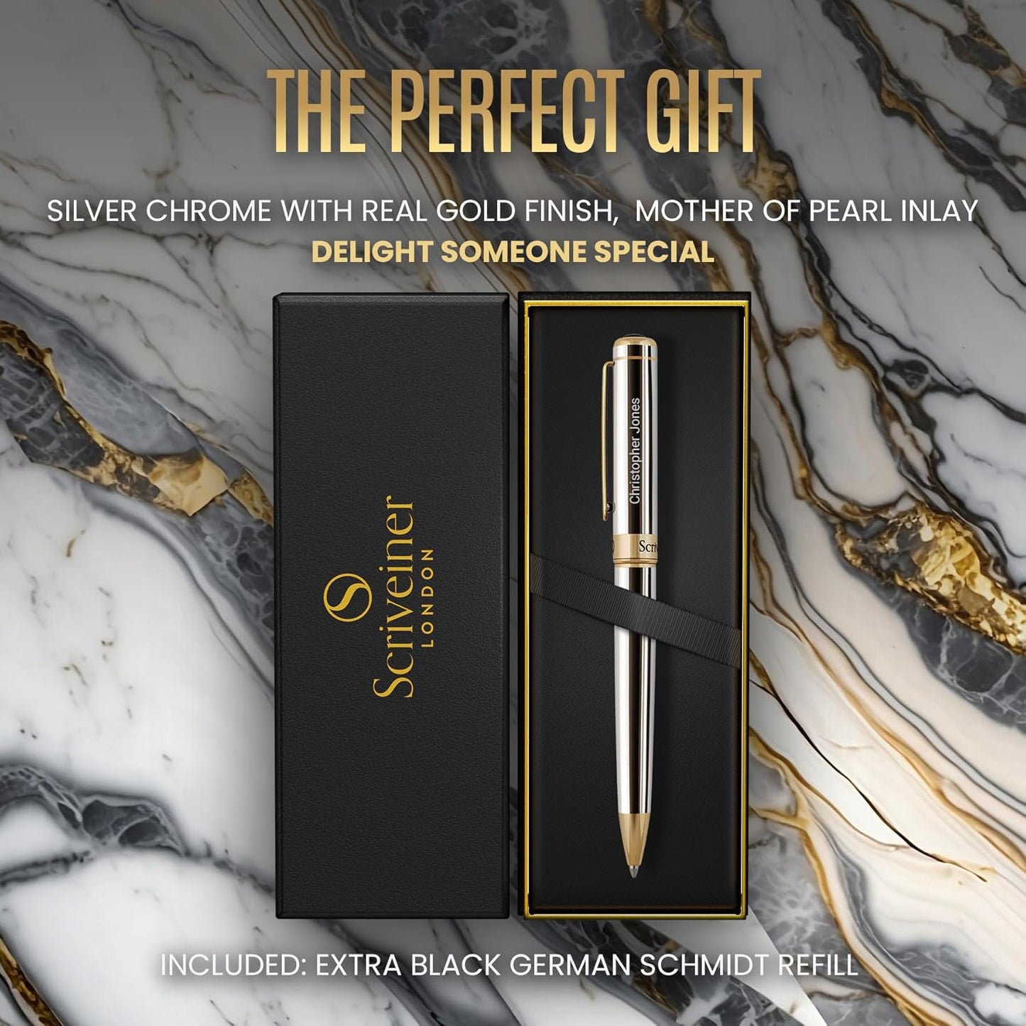 Scriveiner Personalized Silver Chrome Ballpoint Pen - Stunning Luxury Pen, Real Gold Plating, Schmidt Ink Refill, Best Engraved Ball Point Gift Set for Men & Women, Custom Name Engraving
