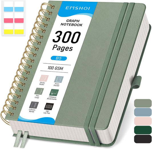 EMSHOI Spiral Graph Paper Notebook - 300 Pages, 100 GSM Thick Grid Notebook, B5 Large Hardcover Leather Journal for Women Men Work School Writing Engineering Graphing, 7.48" x 10.15", Light Green