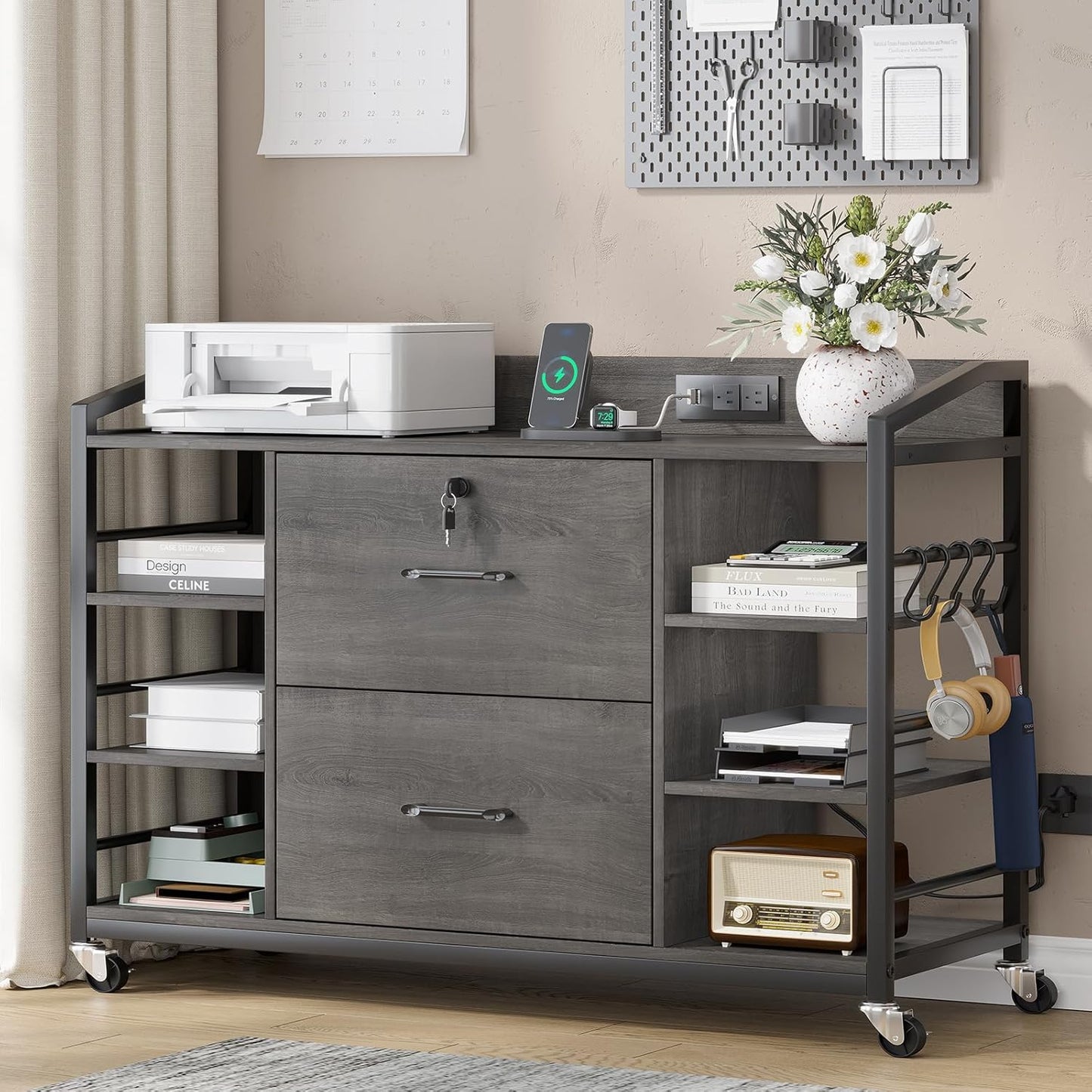 SEDETA 44" File Cabinet, Filing Cabinet fits Legal/Letter Size, 2 Drawer File Cabinets for Home Office with Lock, Power Strip, 6 Storage Shelves, Grey