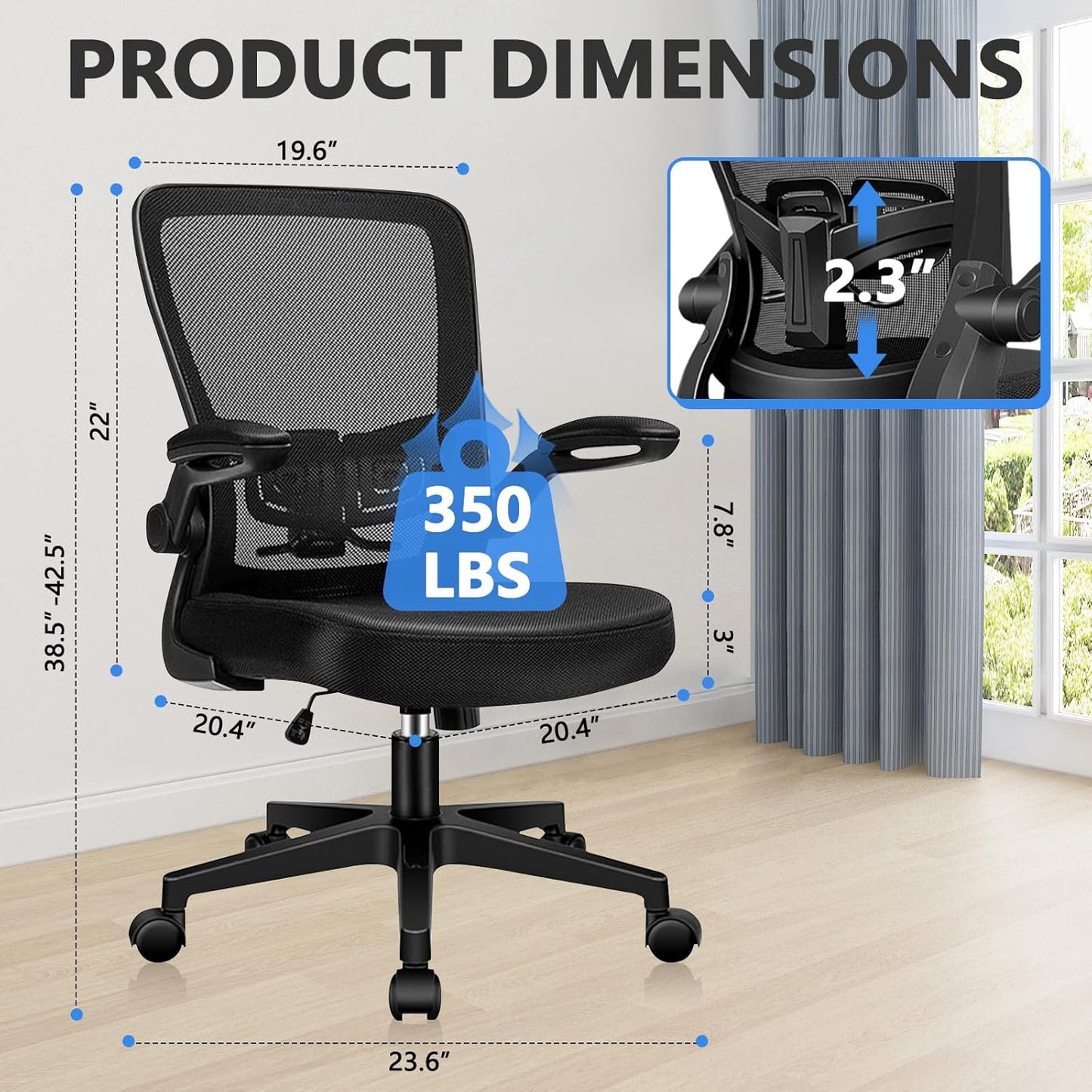 Desk Chairs with Wheels, Ergonomic Mesh Office Chair Adjustable Height and Swivel Lumbar Support Home Office Chair with Flip Up Armrests, Set of 6
