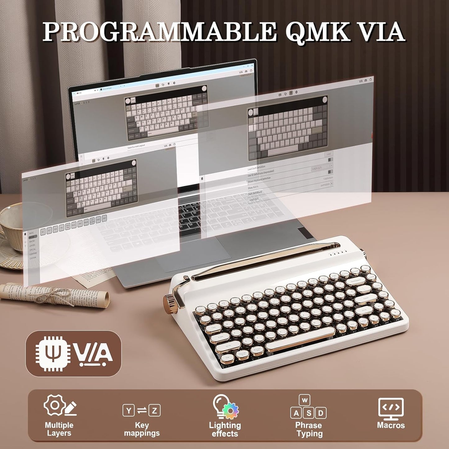 YUNZII QL75 Wireless Typewriter Hot Swap Retro Mechanical Keyboard,Punk Round Keycaps,RGB Backlit QMK/VIA Programmable, Multi-Device Keyboard with 2.4GHz/Type-C/BT5.0 (White, Onyx Switch)