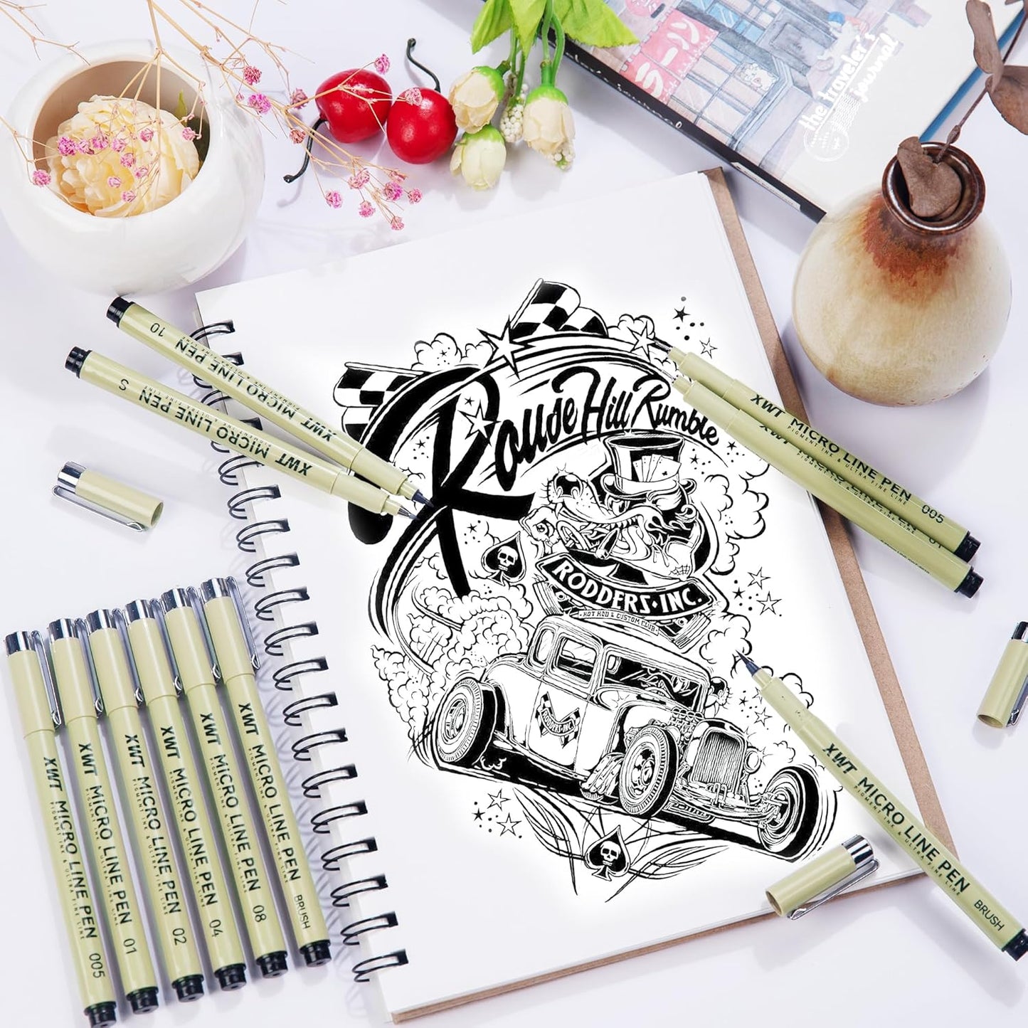 Micro Fineliner Pens 6 Size/Set, Ultra Fine Fineliner Pen, Brush Marker Pen, Water-based Black Pigment Ink, Drawing Journaling Doodle Supplies for Artists, Designers, Students
