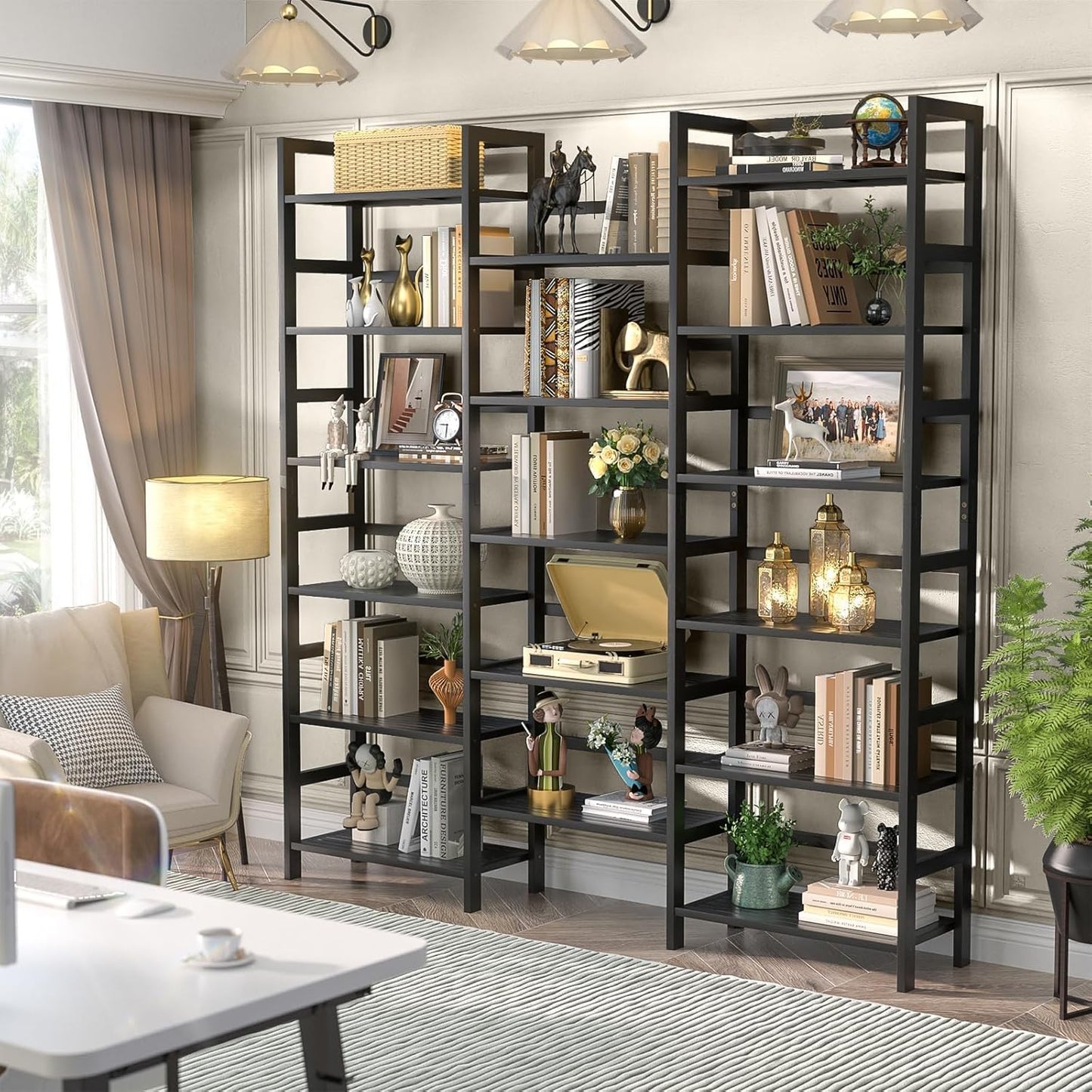 Homykic Bamboo Triple Wide Shallow Bookshelves and Bookcases, 6-Tier 6ft Tall Bookshelf with 17 Open Display Shelves, Super Large Freestanding Book Shelf for Home Office, Bedroom, Living Room, Black