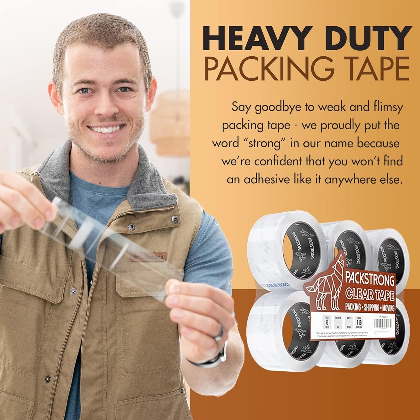 Packstrong Industrial Grade Clear Packing Tape 6 Rolls - Extra Strong - 110 Yards per Roll - 2" Wide x 3.1 mil Thick, Acrylic Adhesive Heavy Duty Tape for Box Office Moving Packaging Shipping