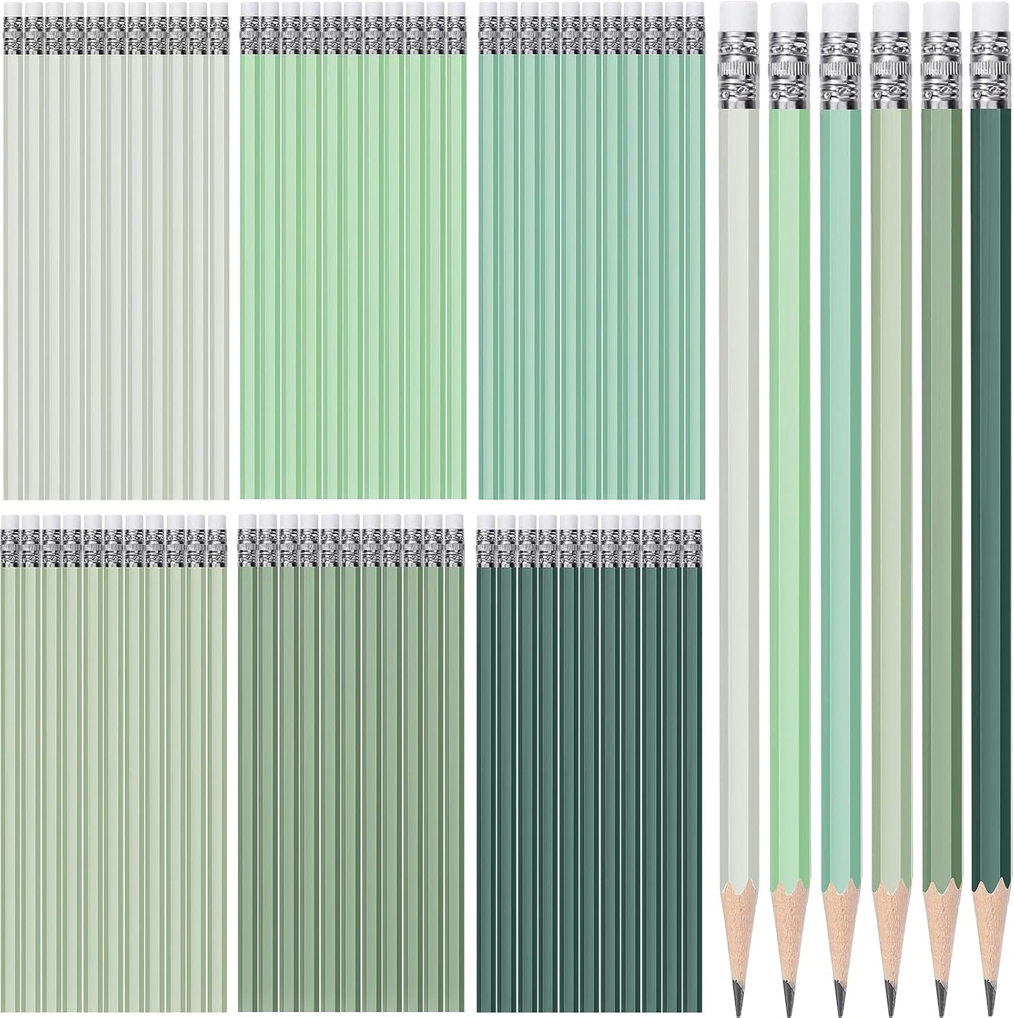 TecUnite 60 Pcs HB Pencils #2 Unsharpened Wood Cased Pencils with Eraser Hexagonal Pencil Cute Graphite No 2 Pen for Adults Gifts Exam School Office Sketching Learning(Green Series, White)