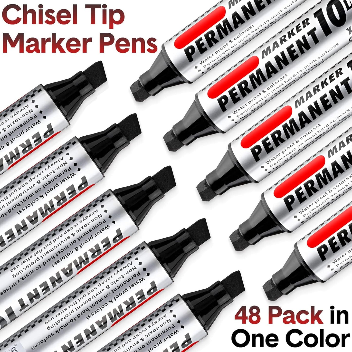 Thenshop 48 Pcs Jumbo Size Permanent Markers Bulk Waterproof Chisel Tip Marker Pens for Industrial Use Work on Wood Metal Plastic Stone Glass(Black)