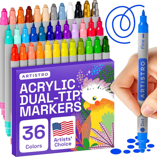 ARTISTRO Vibrant Acrylic Paint Markers for Rock, Fabric, Glass, Wood, Paper, Ceramic, Canvas & More - 36 Dual-Tip Paint Pens (Dot & Fine) - Quick Dry, Teacher Classrooms Must Have, Drawing Markers