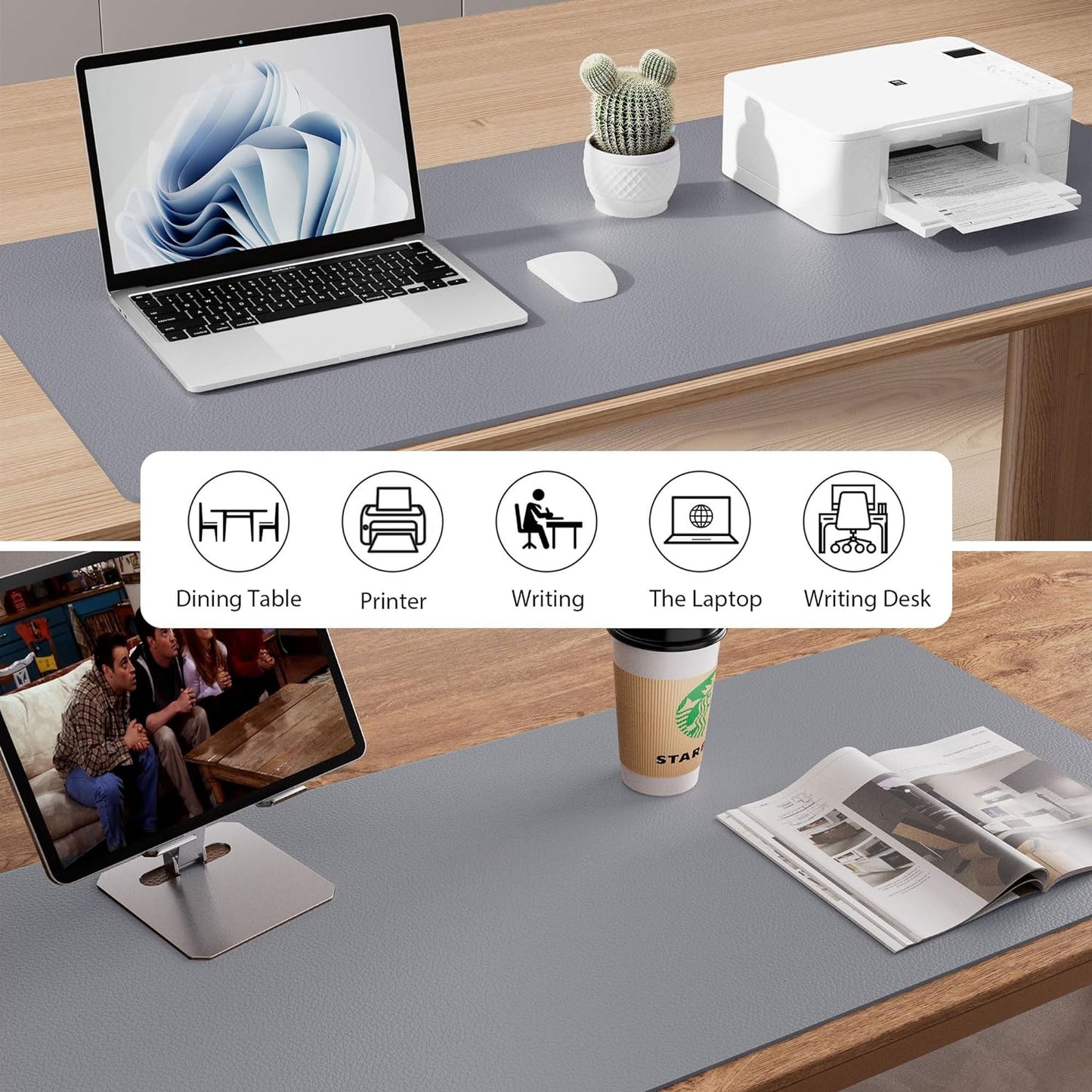 Aothia Leather Desk Pad Protector, Mouse Pad, Office Desk Mat, Non-Slip PU Leather Desk Blotter, Laptop Desk Pad, Waterproof Desk Writing Pad for Office and Home (23.6" x 13.7", Light Grey)