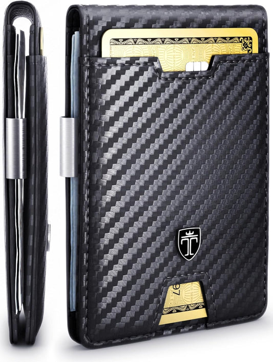 TRAVANDO Mens Slim Wallet with Money Clip AUSTIN RFID Blocking Bifold Credit Card Holder for Men with Gift Box (Carbon)