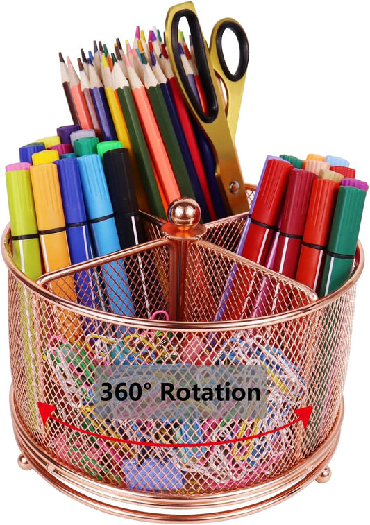 Rose Gold Pen Holder for Desk, Mesh Rotating Desk Pencil Marker Organizer, Large Capacity Stationery Storage Office Supplies Organization, 4 Compartments for Women Kids Students Teachers