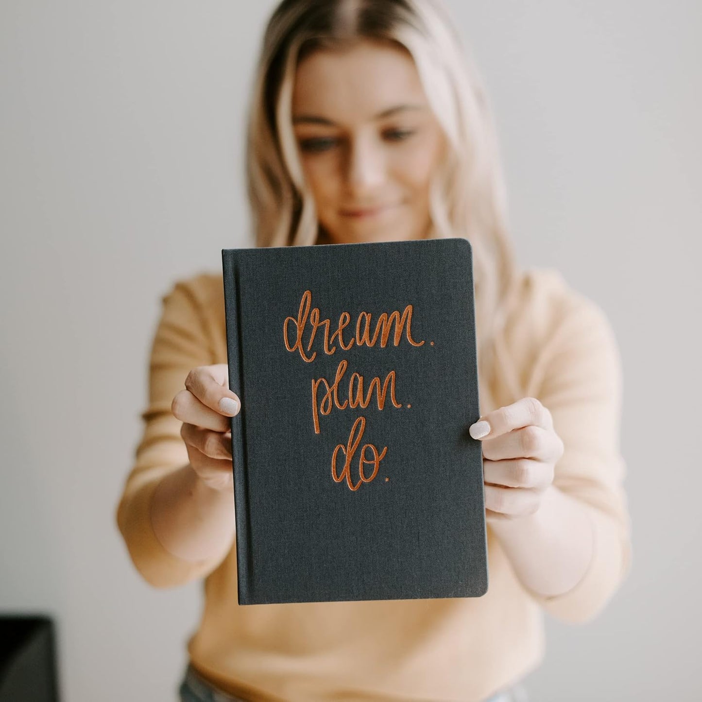 Sweet Water Decor Dream Plan Do Motivational Journal - Grey Fabric Journal with Rose Gold Details and Ribbon Bookmark - Motivational Notebook Inspirational Lined Journal for Work and School