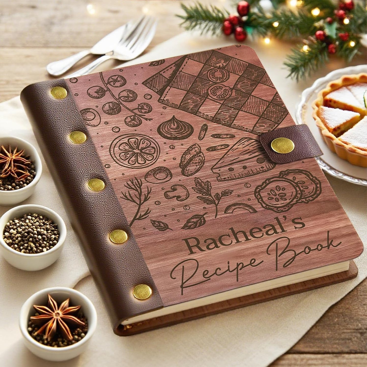UBJVA Personalized Recipe Book Binder Custom Engraved Recipe Book to Write in Your Own Recipes Wooden Family Cookbook Journal Gift for Christmas Birthday