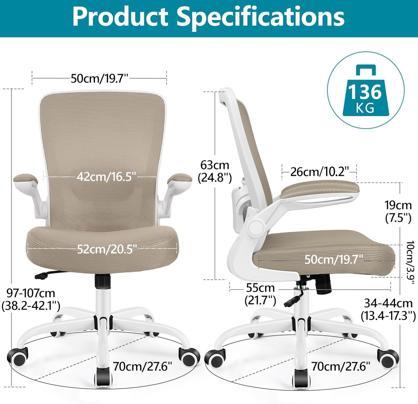 FelixKing Office Chair, Ergonomic Desk Chair Breathable Mesh Chairs with Adjustable High Back Lumbar Support Flip-up Armrests, Executive Swivel Comfy Task Computer Chairs for Home Office Khaki