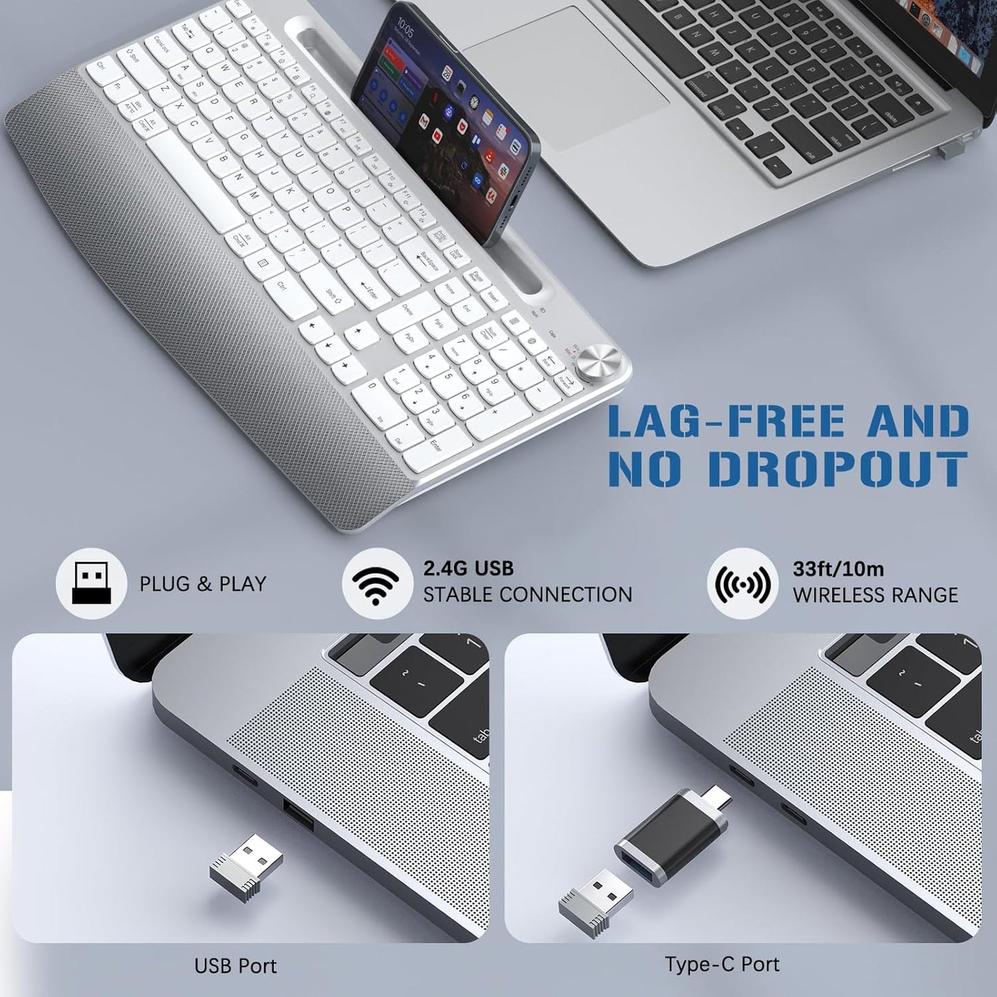 Ergonomic Wireless Keyboard with Wrist Rest-Low-Profile,Phone/Tablet Holder,Quiet Design，Windows & Mac OS，Full Size Cordless USB Computer Keyboard for Desktop,Laptop, PC, Mac, Windows-White