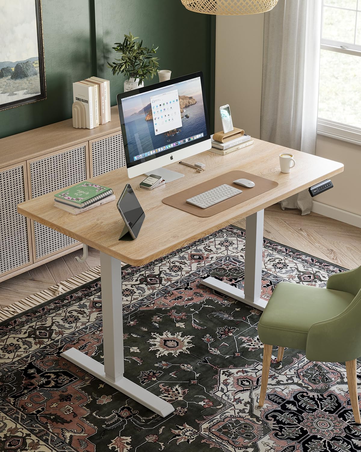 FEZIBO One-Piece Standing Desk Adjustable Height Stand up Home Office Desk, 48x24 Inch Electric Standing Computer Desk, with 4 Memory Presets, Fixable casters, Maple