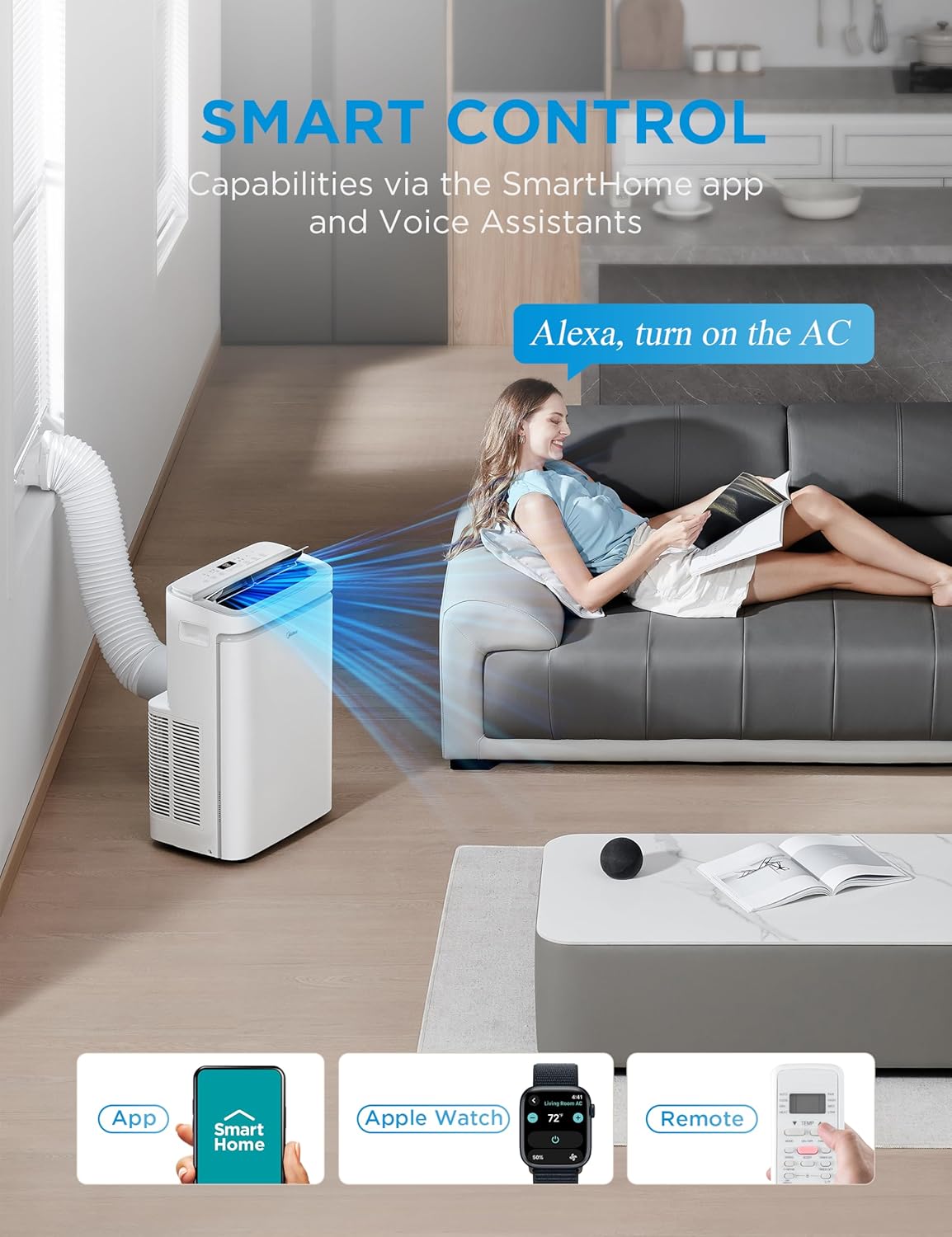 Midea 14,000 BTU ASHRAE (10,000 BTU SACC) Portable Air Conditioner, Cools up to 450 Sq.Ft., with Dehumidifier&Fan mode&Heat, Control with Remote, Amazon Alexa&Google Assistant, Easy-to-use and Install