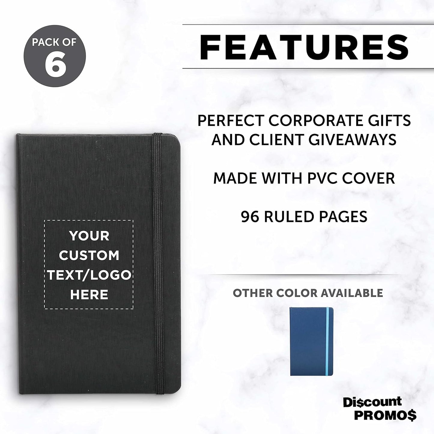 DISCOUNT PROMOS Custom Hardcover Notebook Journals with Elastic Colored Band Set of 6, Personalized Bulk Pack - Perfect for School, Office, Home - Black