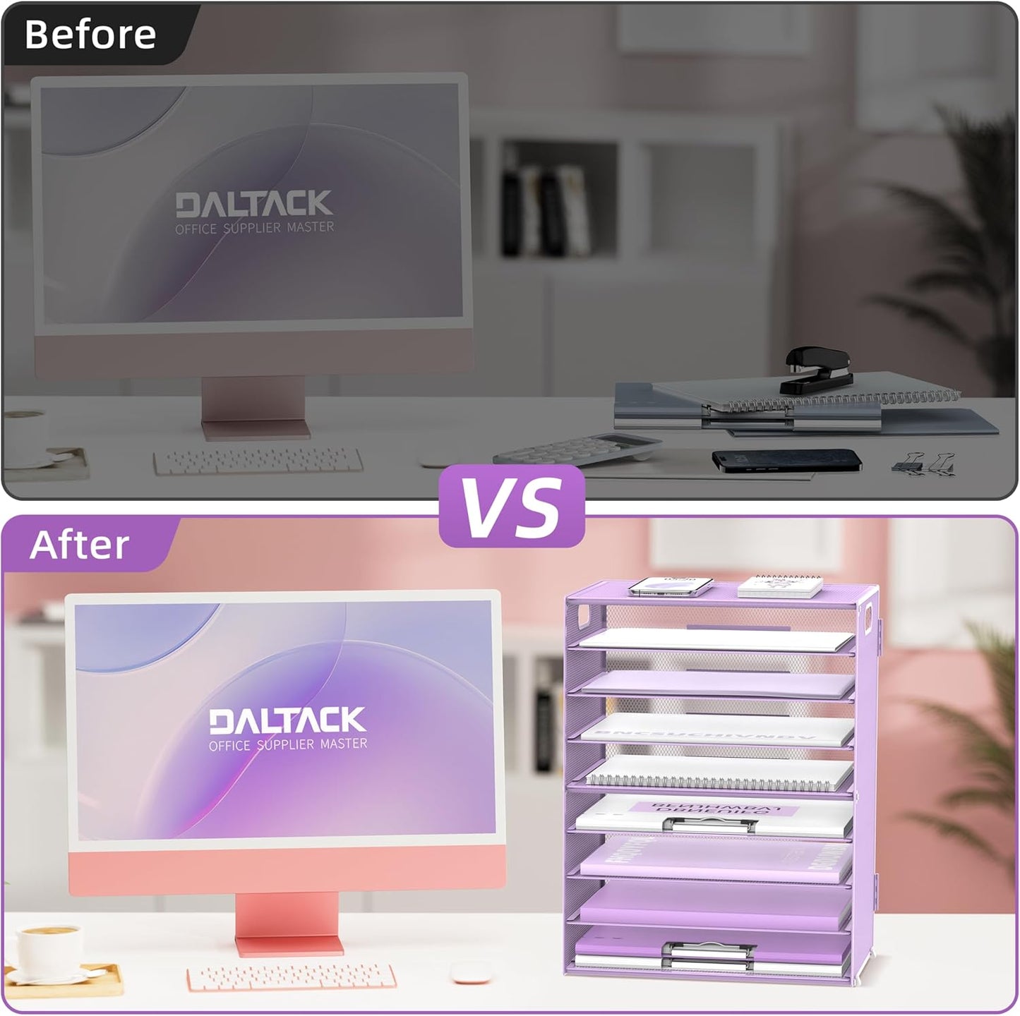 DALTACK 9-Tier Paper Letter Tray Desk Organizer with Handles, Mesh File Holder Organization, Paper Sorter Desk Organizer for Office Home School, Purple 2 Pack