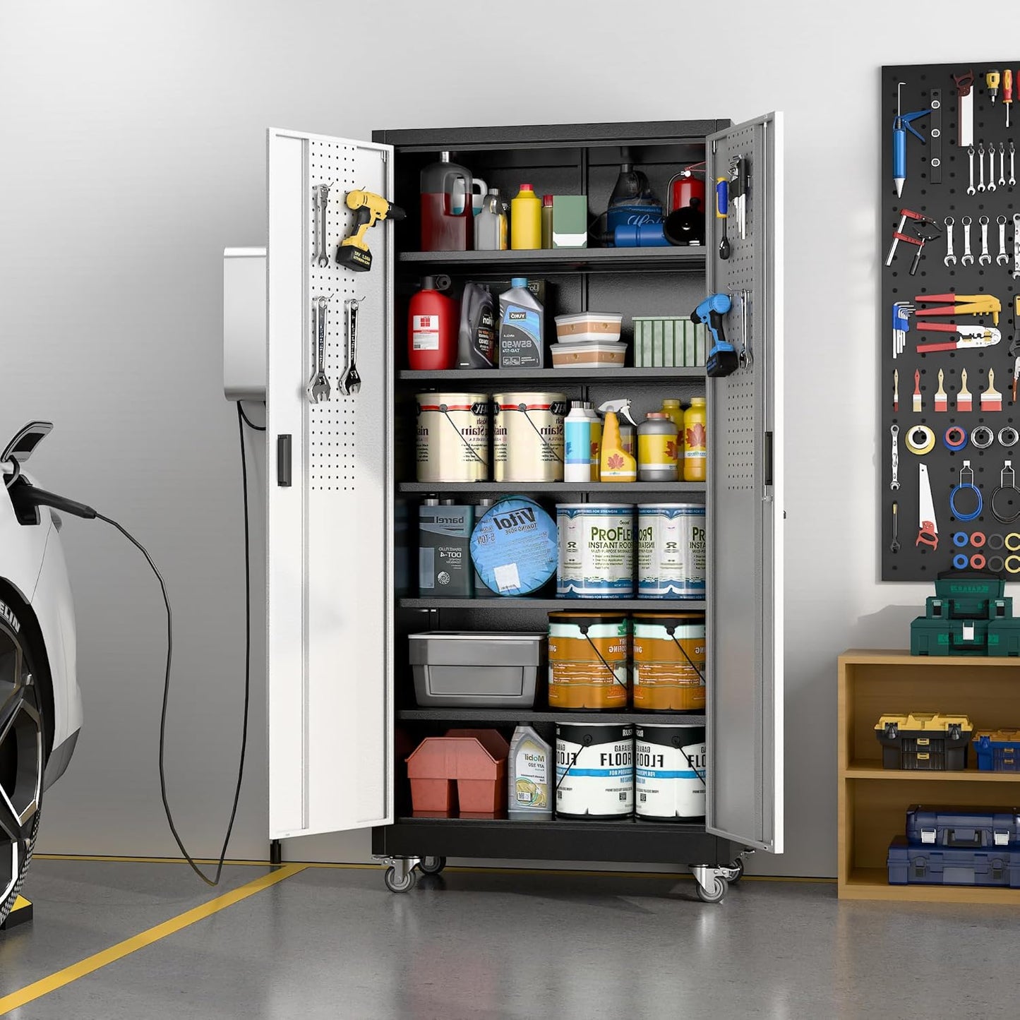 Aobabo Garage Storage Cabinet with Wheels, Metal Storage Cabinet with 5 Adjustable Shelves for Garage Home, Black&Silver,71" H*34''W*18''D,Required-Assembly,