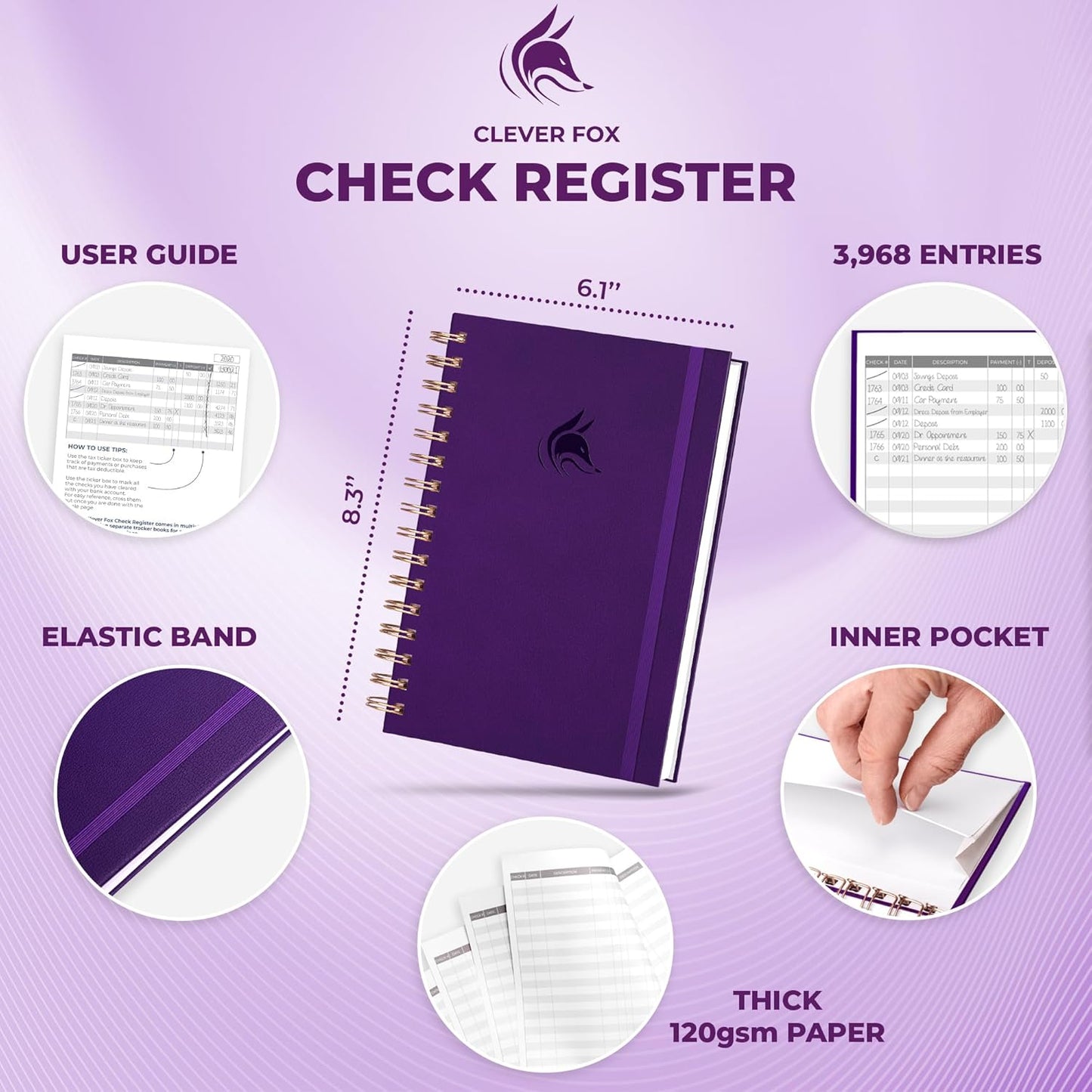 Clever Fox Check Register for Personal Checkbook – Checking Book Register – Checkbook Register – Accounting Ledger Book – 3968 Entry Lines, 6.1" x 8.3", Spiral Binding, Hardcover, Purple