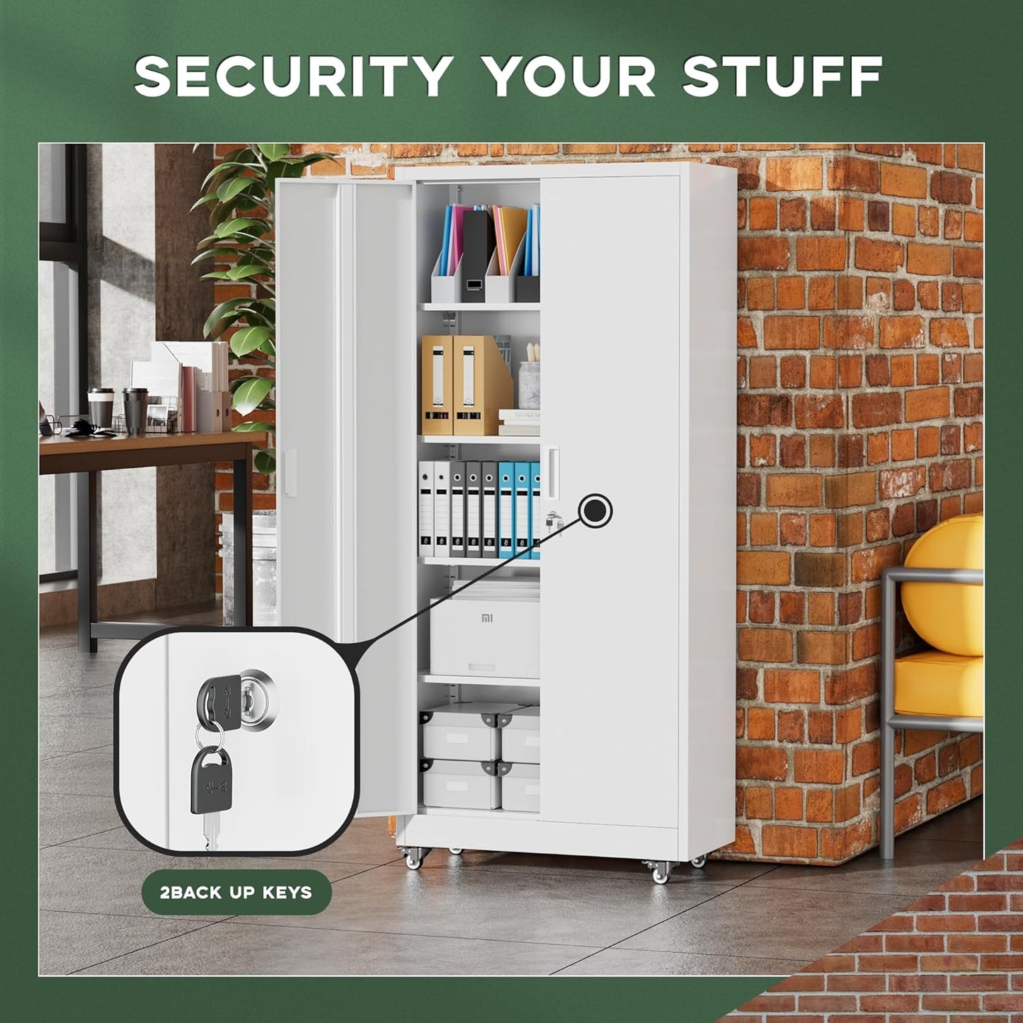 Greenvelly 73" Metal Storage Cabinet with Wheel and Pegboard, Lockable White Metal Garage Cabinets with 2 Doors and 4 Adjustable Shelves, Rolling Steel Tool Cabinet for Garage, Home Office, School